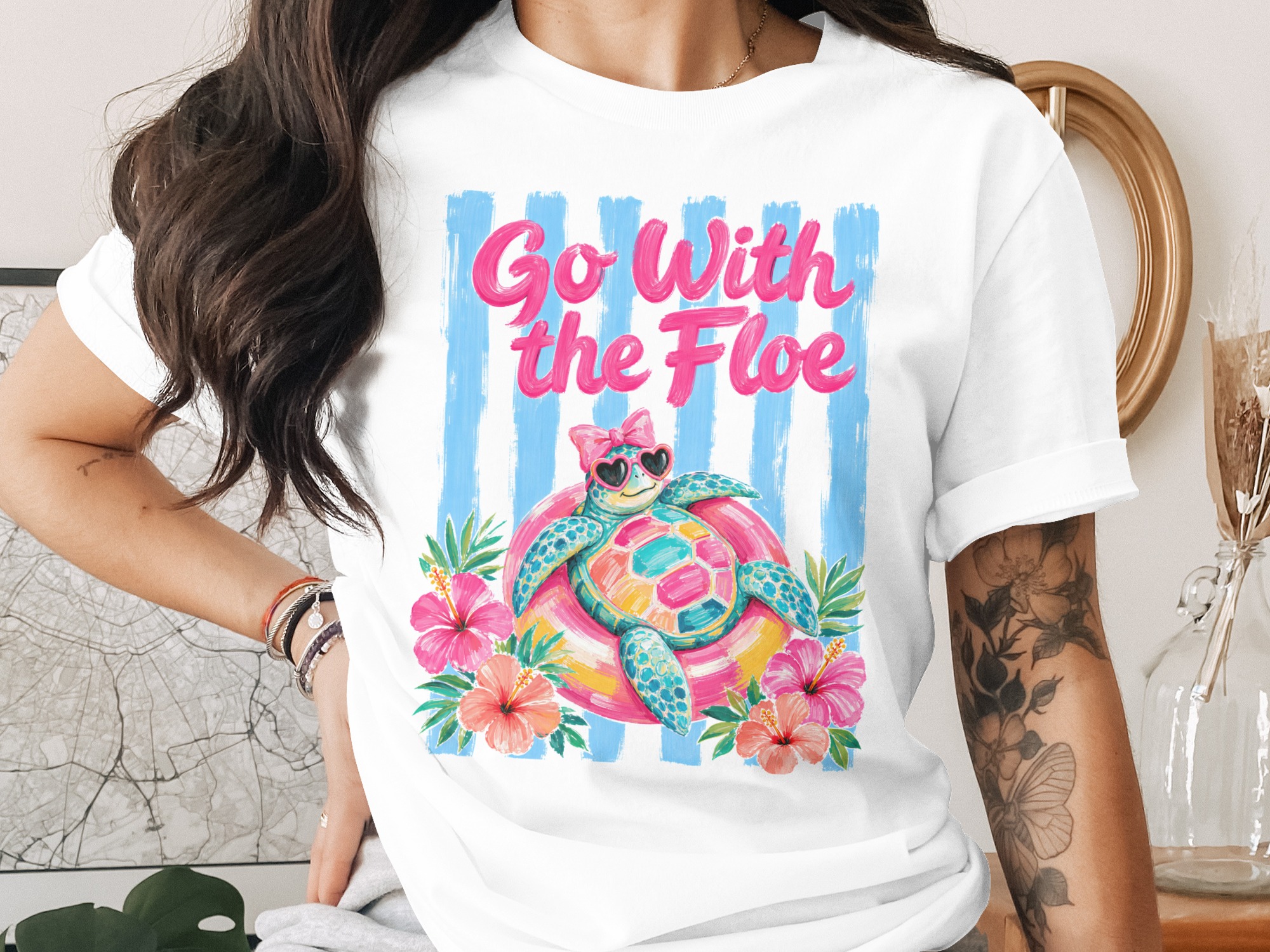 Go With The Floe Cute Sea Turtle T-Shirt, Fun Summer Beach Vacation Tee, Colorful Preppy Ocean Vibe Heart Sunglasses Animal Lover Apparel