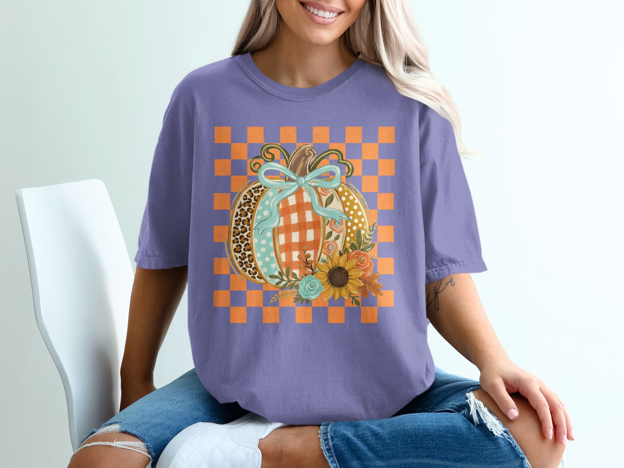 Cute Fall Pumpkin T-Shirt, Distressed Checkerboard Autumn Tee, Floral Leopard Print Pumpkin Shirt, Thanksgiving Gift - Image 6