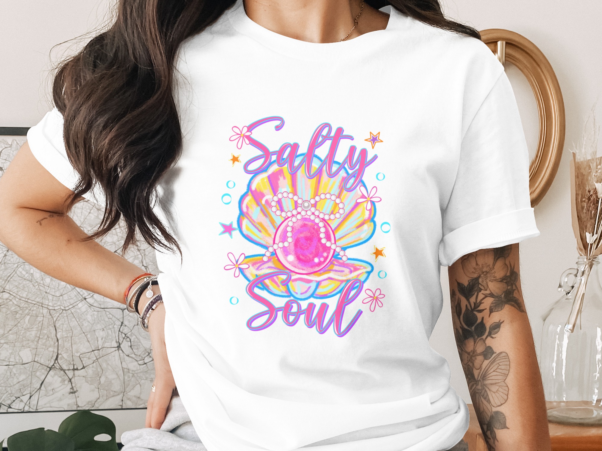 Salty Soul T-Shirt, Comfort Colors ® Beach Vacation Tee, Colorful Pearl Shell Top, Trendy Summer Shirt, Mermaidcore Aesthetic Gift, Coastal