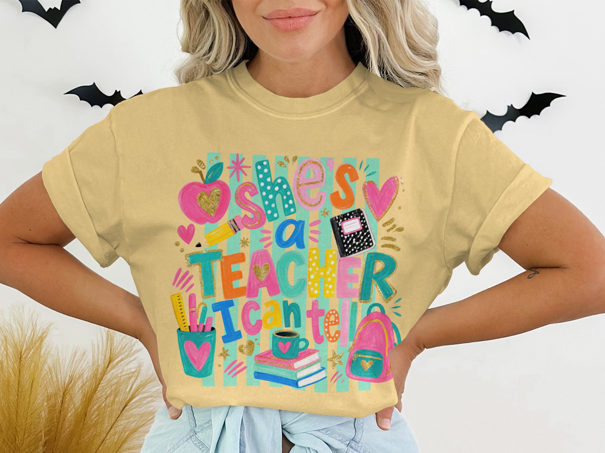 She's a Teacher I Can Tell! T-Shirt, Colorful Teacher Appreciation Gift, Educator Thank You Tee, Back to School Outfit for Women - Image 7