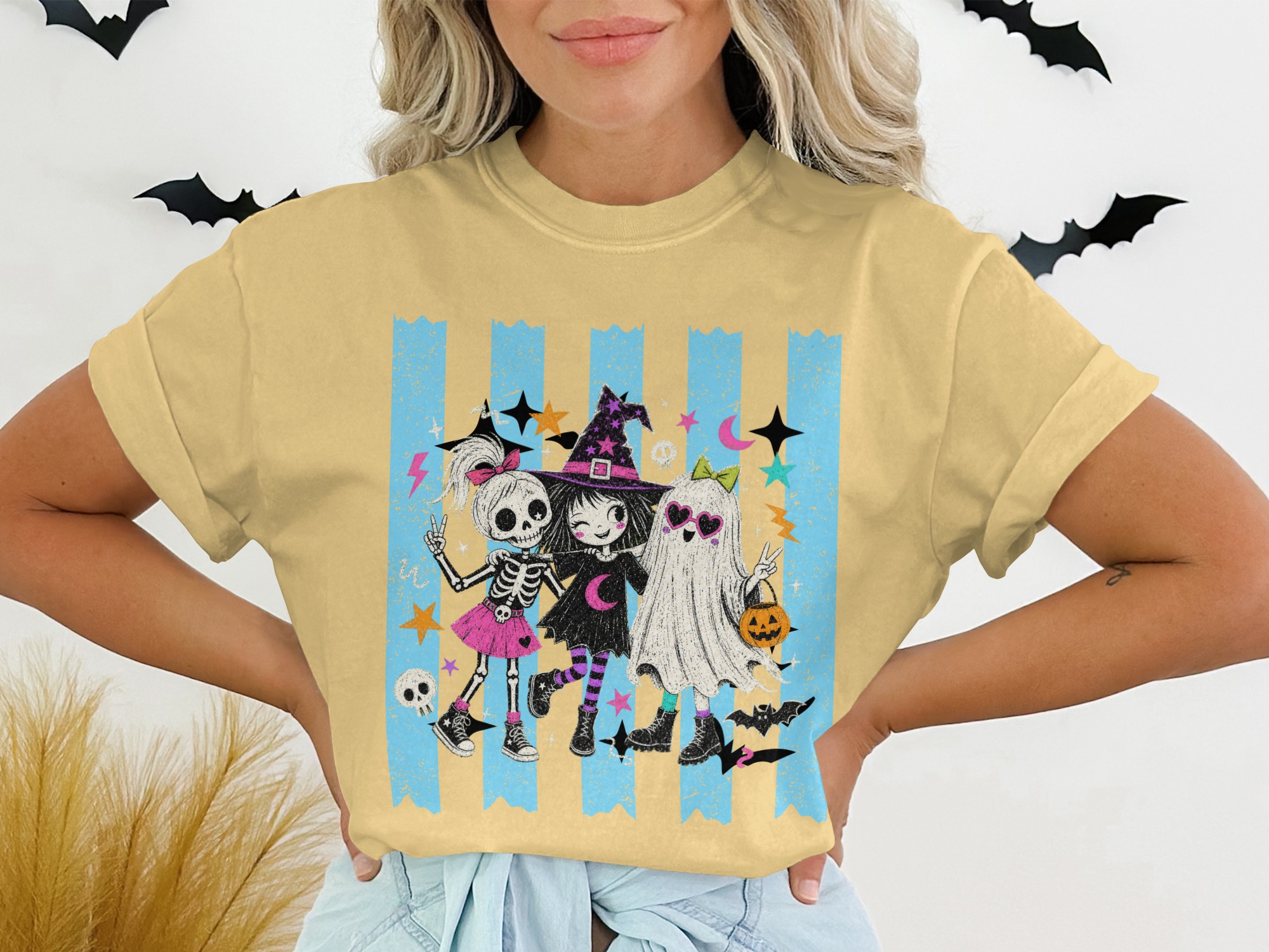 Cute Halloween Besties T-Shirt | Spooky Friends Witch Ghost Skeleton Tee | Kawaii Pastel Goth Graphic Shirt Gift - Image 7