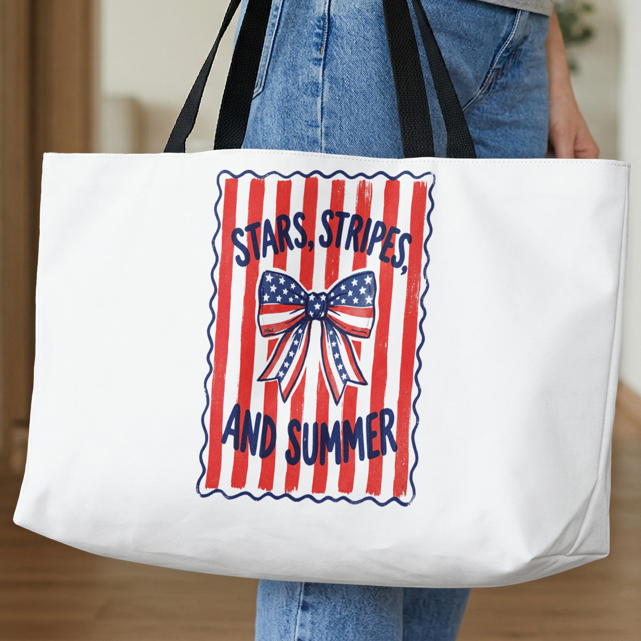 Stars, Stripes, and Summer Tote Bag | Patriotic American Flag Bow Design | Vintage Style Summer Canvas Bag Gift - Image 10