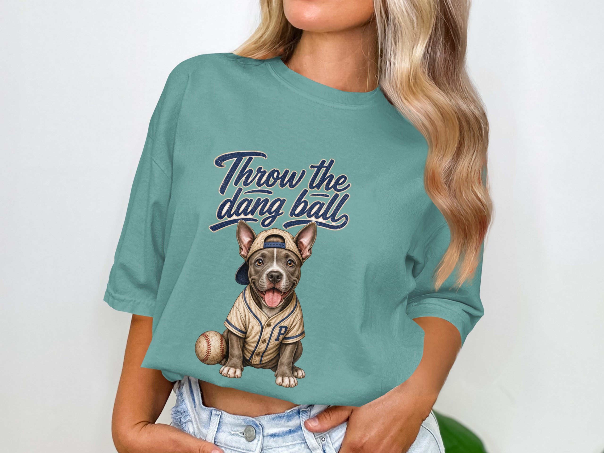 Baseball Dog Fan T-Shirt, Pitbull Puppy in Baseball Uniform, 'Throw The Dang Ball' Tee, Game Day Top - Image 5