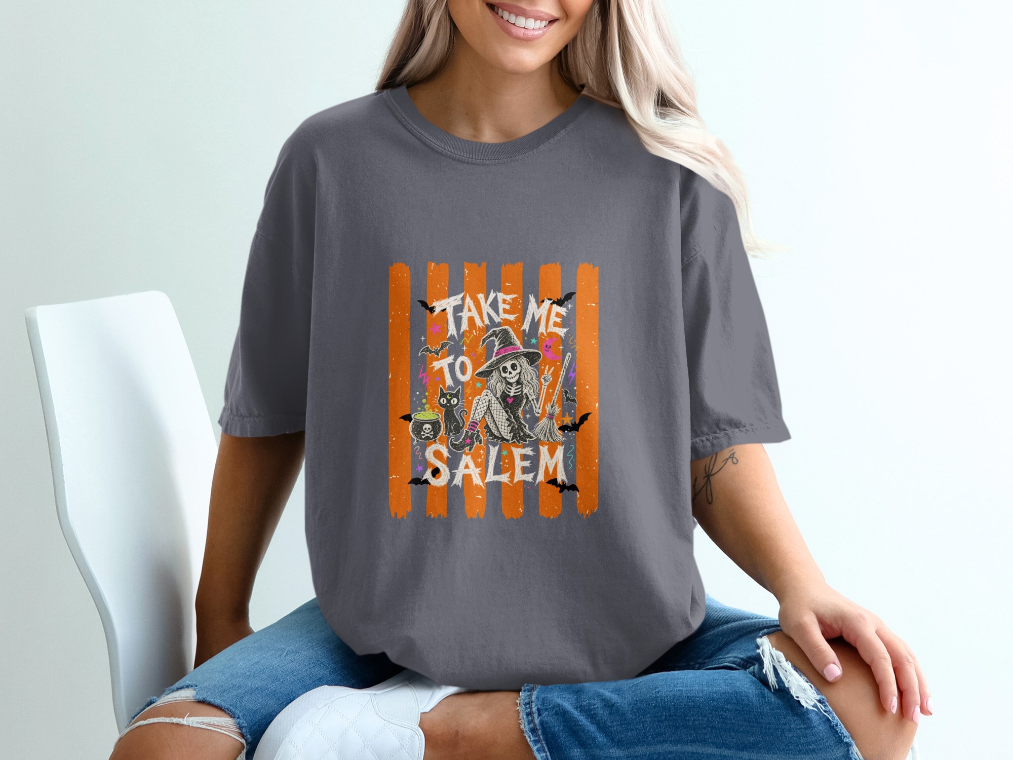 Take Me To Salem Skeleton Witch T-Shirt, Spooky Halloween Cat Tee, Distressed Orange Striped Witchy Vibes Top, October Fall Gift for Her - Image 4