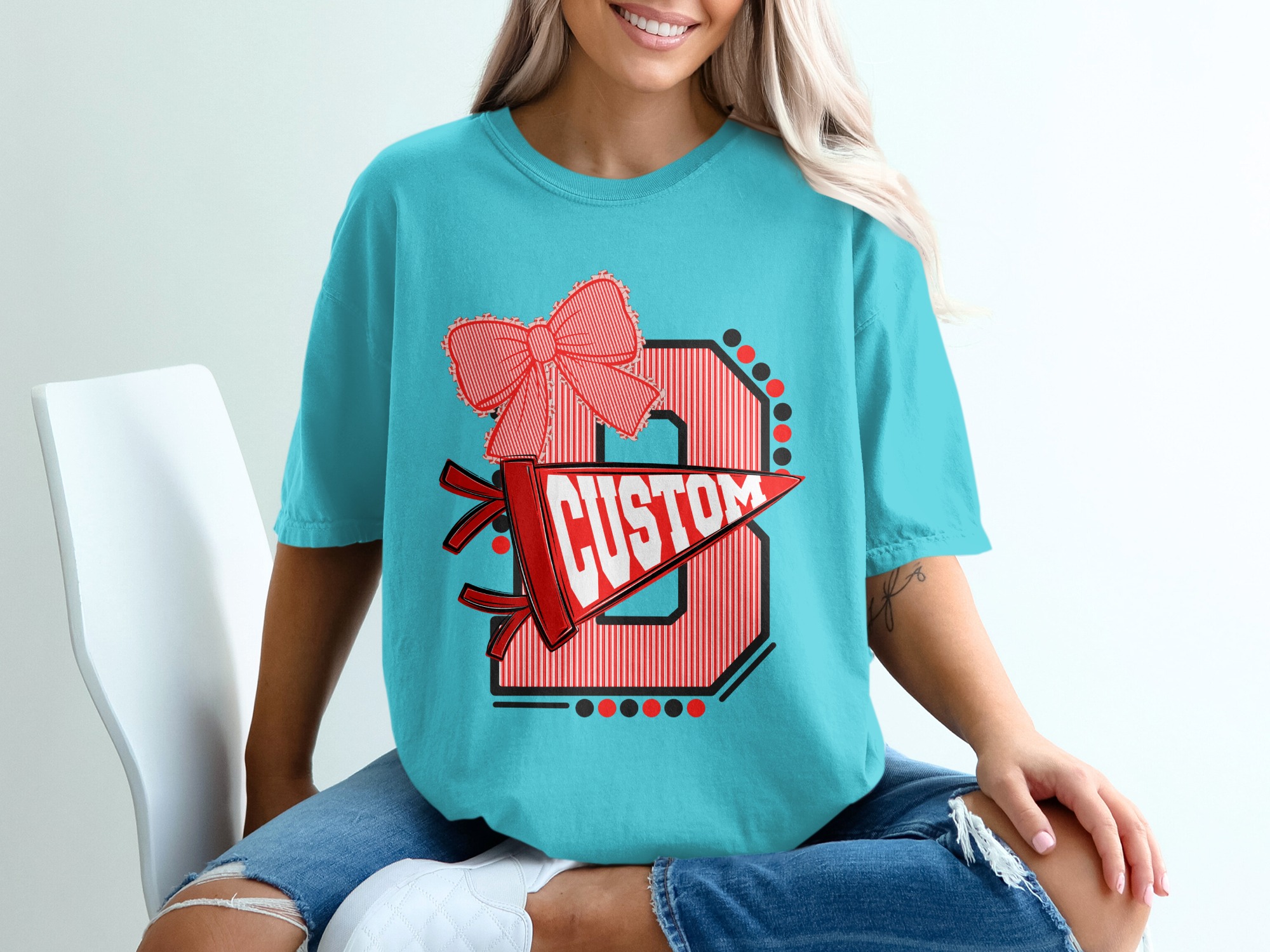 Custom Initial T-Shirt with Bow, Personalized Varsity Style Pennant Design, School Spirit College Team Mascot Letter Tee - Image 9