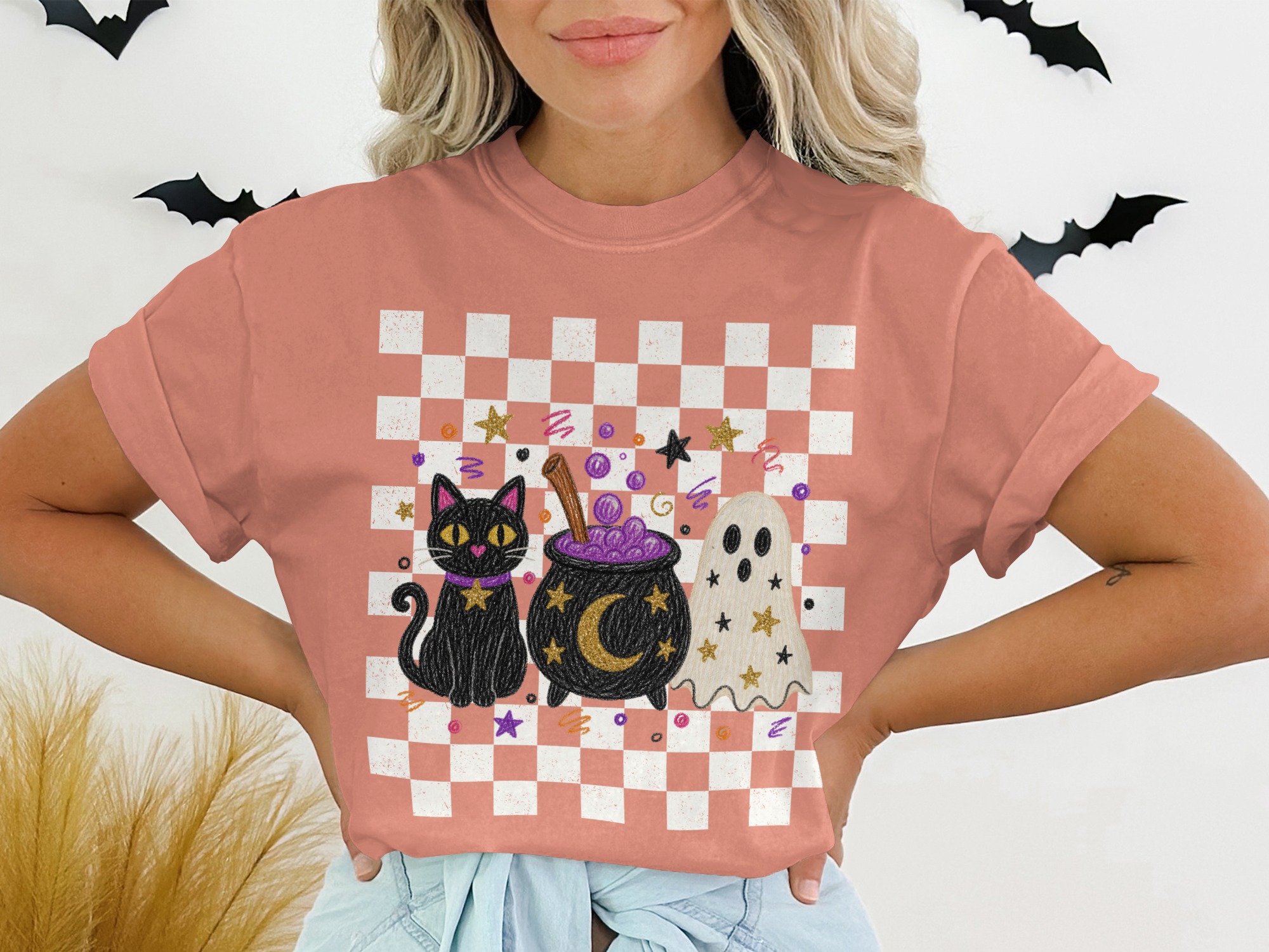 Spooky Cute Halloween T-Shirt | Whimsical Black Cat Cauldron Ghost Tee | Celestial Autumn Graphic Shirt | Fun Fall Season Gift for Her - Image 2