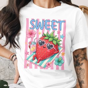 Sweet Summer Vibes Cute Strawberry T-Shirt, Kawaii Fruit Beach Vacation Tee, Aesthetic Hibiscus Design Apparel Gift