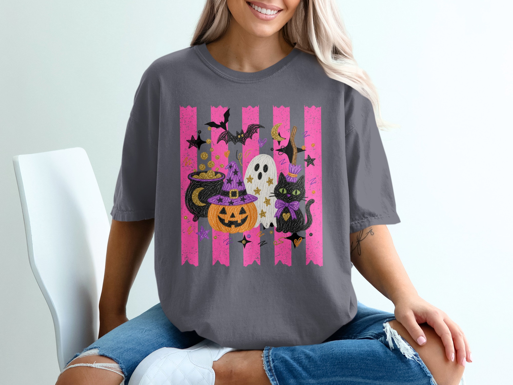 Cute Halloween T-Shirt for Women, Spooky Season Ghoul Gang Shirt, Pink Witchy Pumpkin Ghost Cat Tee, Kawaii Fall Gift Idea - Image 5