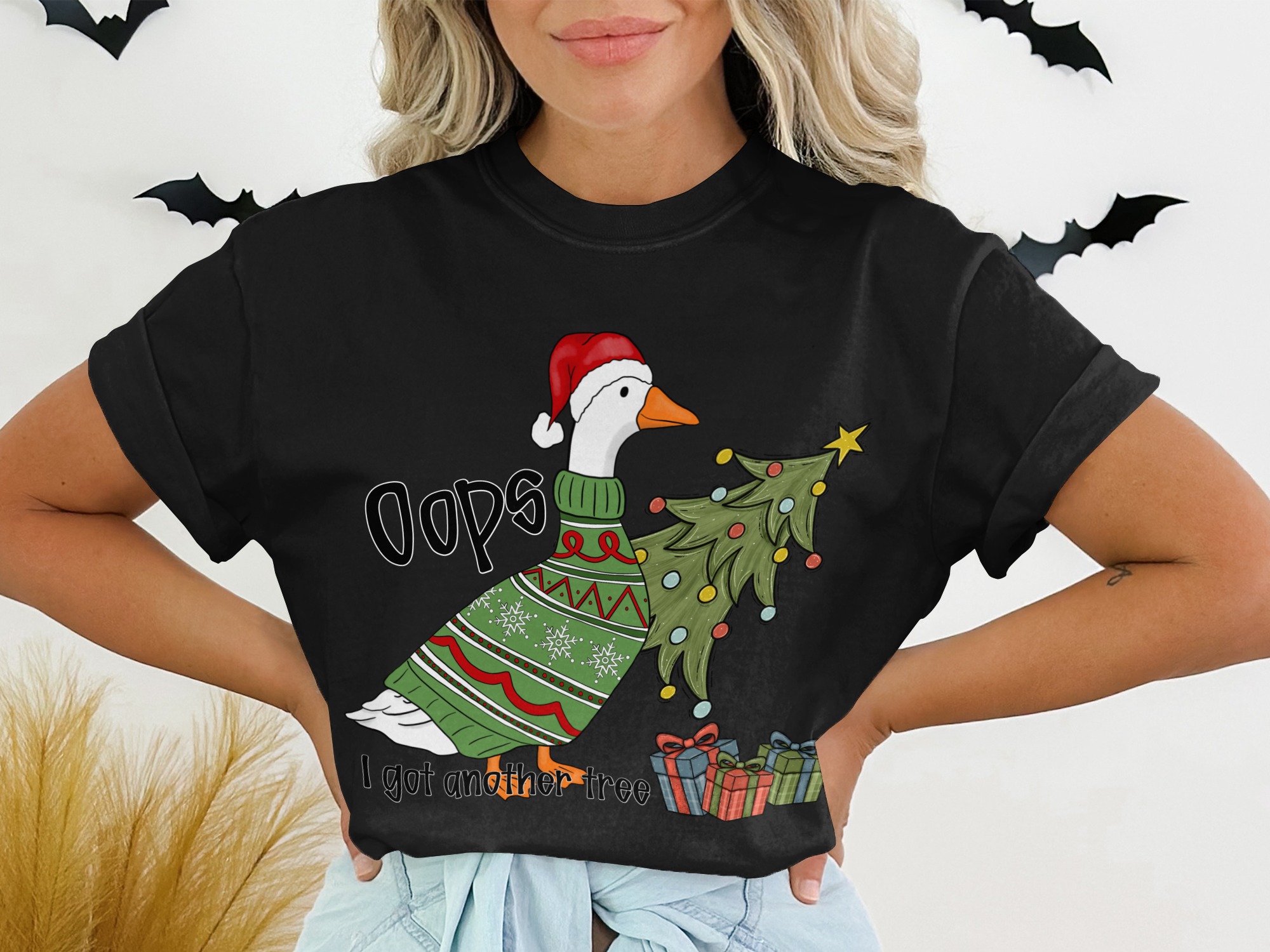 Funny Christmas Goose T-Shirt, Ugly Sweater Style Holiday Tee, Oops I Got Another Tree, Festive Humor Animal Shirt, Gag Xmas Gift