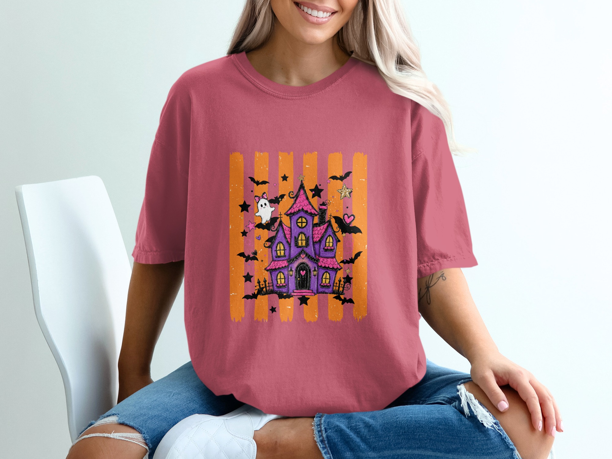 Spooky Cute Haunted House T-Shirt | Whimsical Halloween Tee with Ghosts & Bats | Purple Pink Aesthetic Fall Party Shirt Gift - Image 7