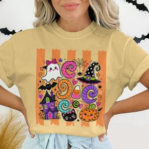 Cute Halloween T-Shirt, Spooky Season Ghost Pumpkin Witch Hat Black Cat Candy Corn Haunted House Kawaii Fall Vibes Tee