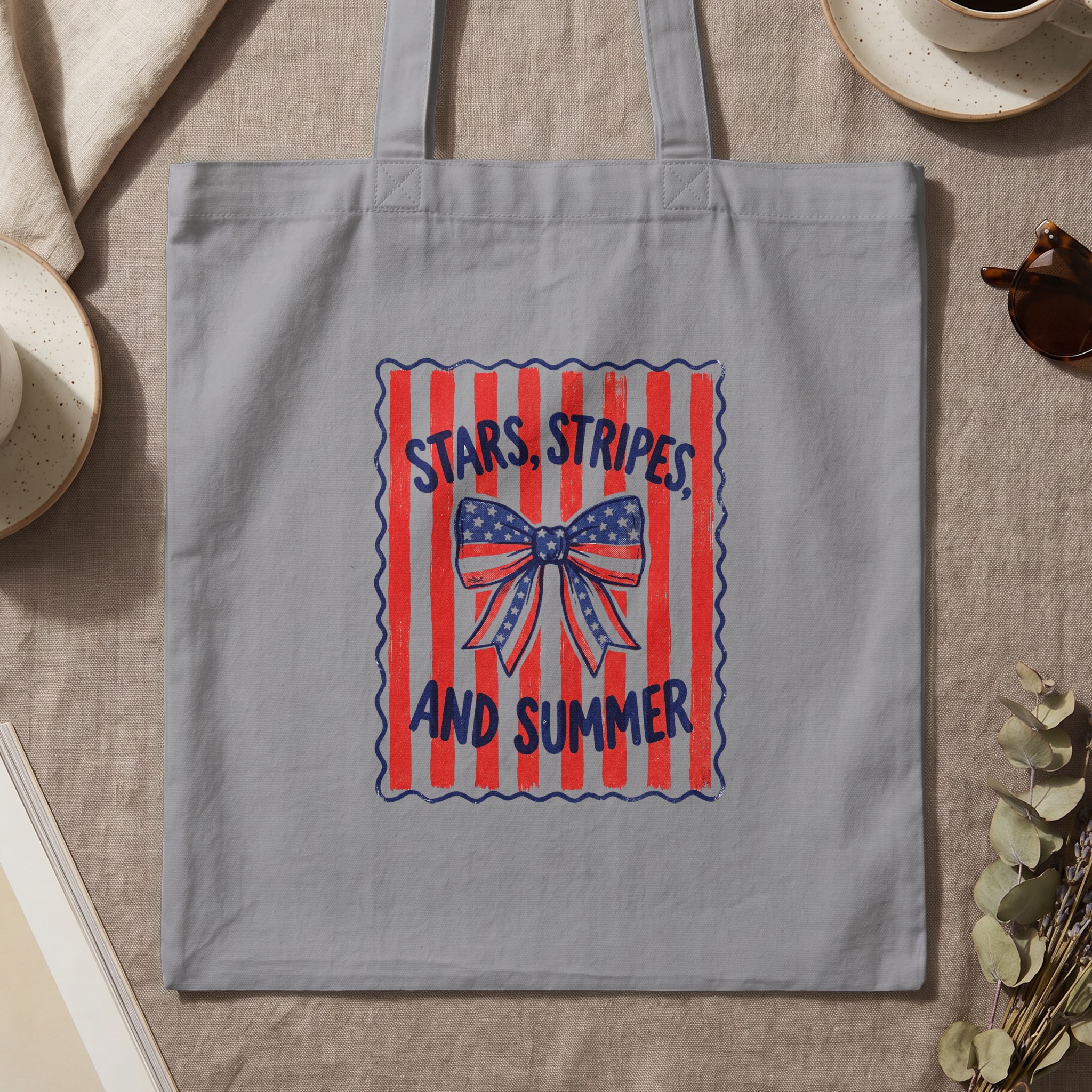 Stars, Stripes, and Summer Tote Bag | Patriotic American Flag Bow Design | Vintage Style Summer Canvas Bag Gift - Image 3