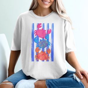 Colorful Crab T-Shirt, Stacked Crabs Beach Lover Tee, Vibrant Coastal Striped Summer Shirt, Ocean Life Gift for Her