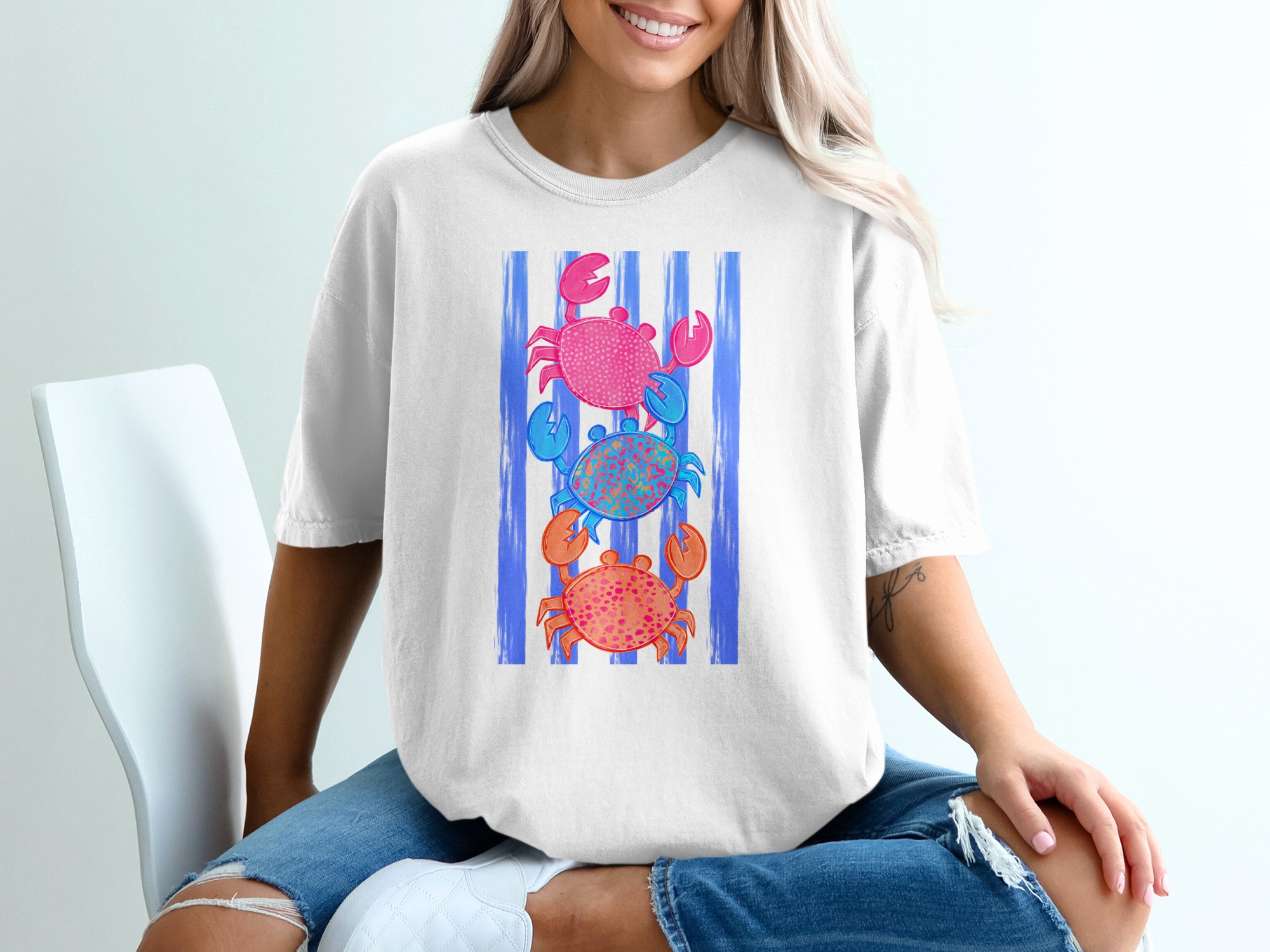 Colorful Crab T-Shirt, Stacked Crabs Beach Lover Tee, Vibrant Coastal Striped Summer Shirt, Ocean Life Gift for Her