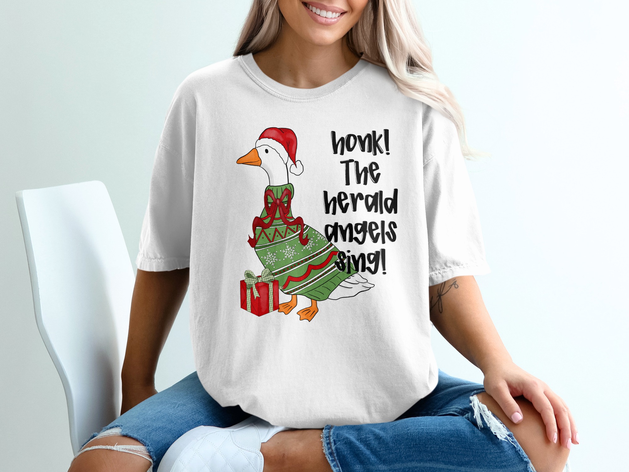 Funny Christmas T-Shirt, Honk The Herald Angels Sing Goose Christmas Shirt, Holiday Pun Festive Ugly Sweater Tee, Humorous Animal Print Xmas - Image 6