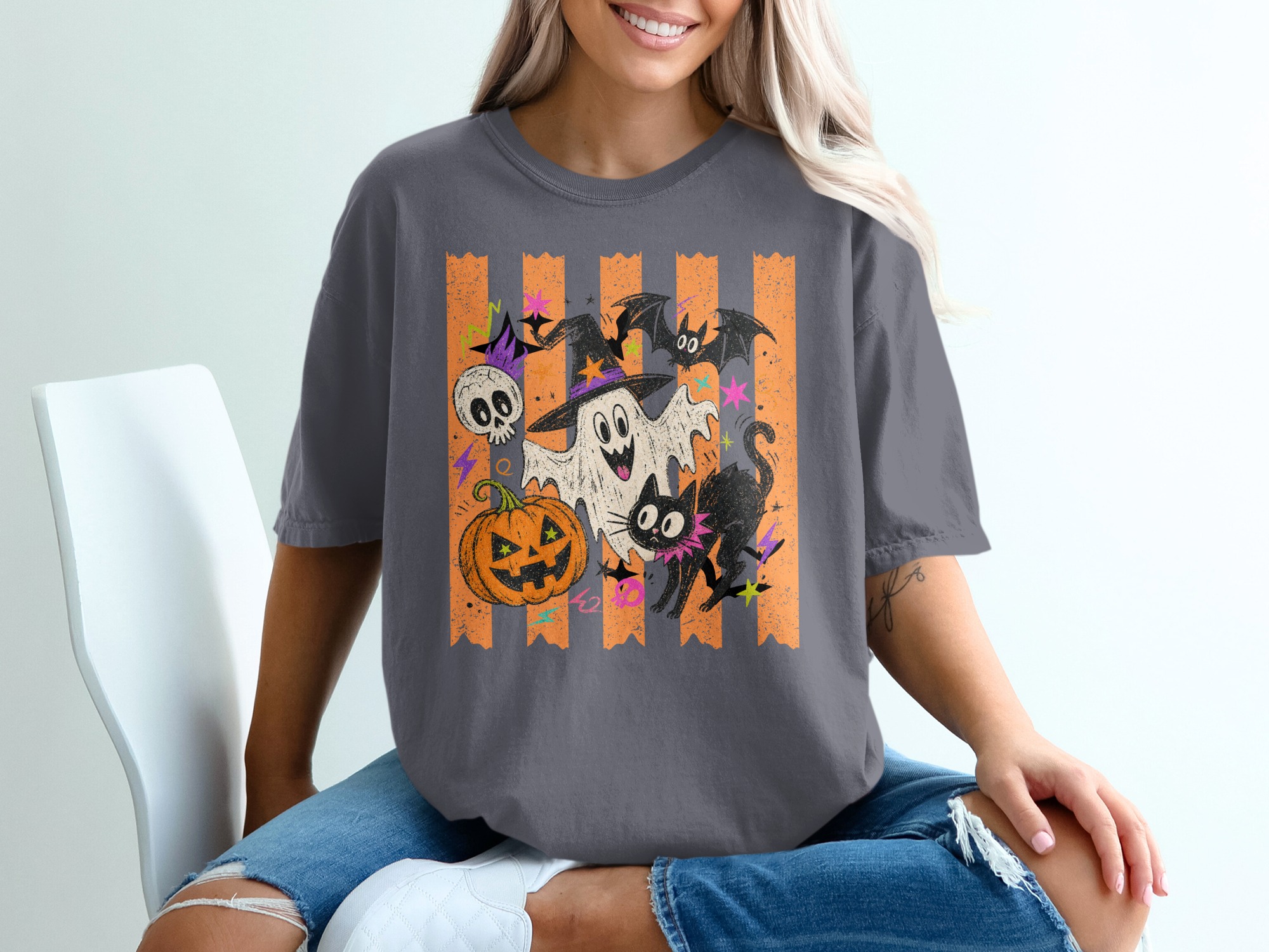 Retro Happy Halloween T-Shirt, Spooky Season Ghost Tee, Cute Pumpkin Black Cat Shirt, Vintage Fall Spooky Graphic TShirt Gift - Image 2