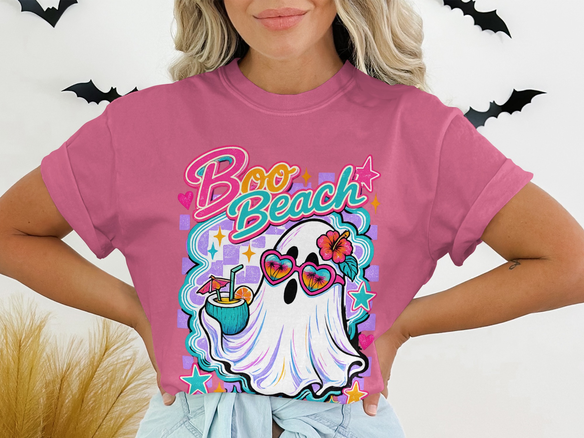Boo Beach Ghost T-Shirt, Retro Summer Vacation Tee, Spooky Cute Beach Trip Halloween Shirt, Heart Sunglasses Coconut Drink Graphic Top - Image 6