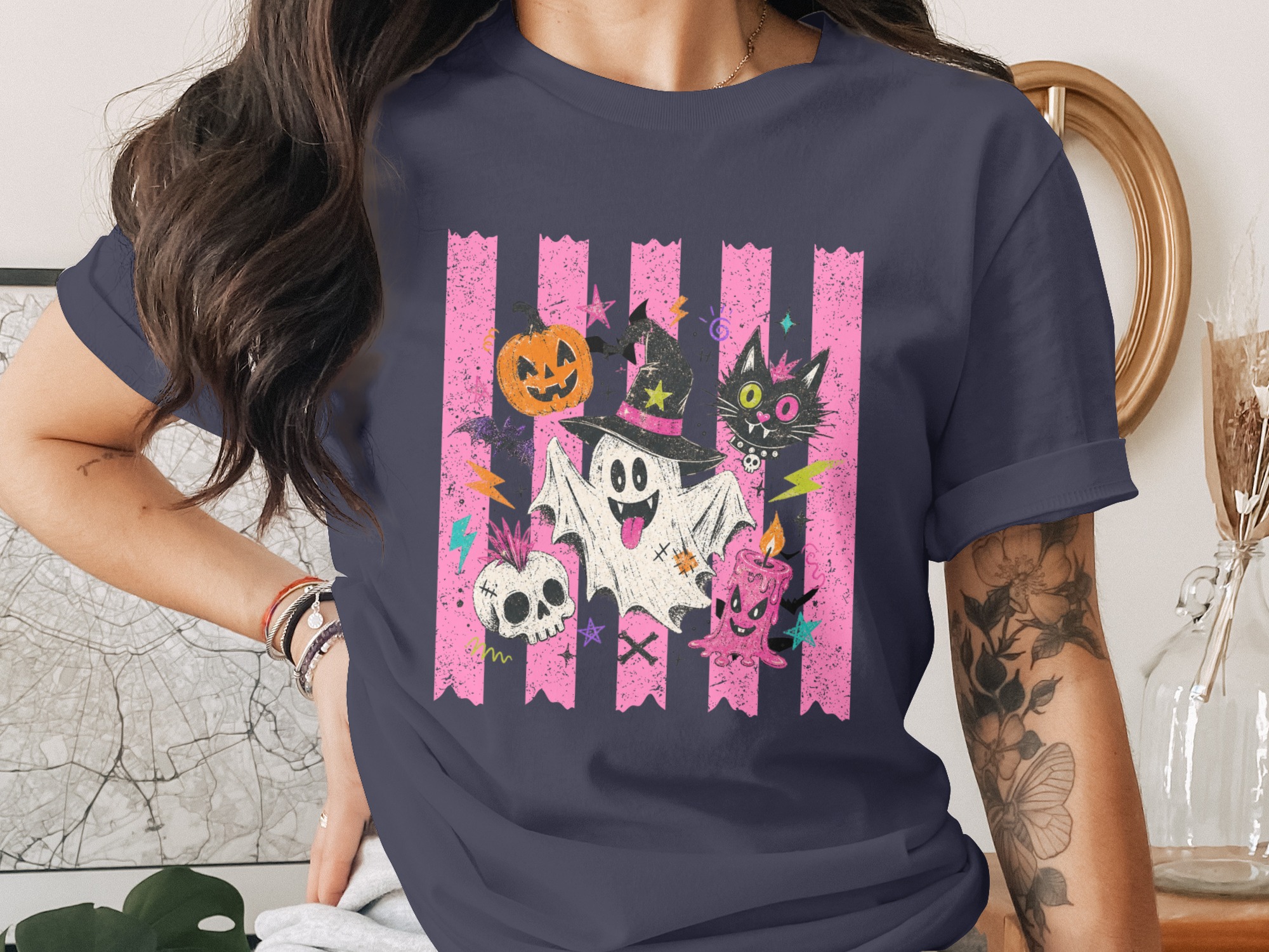 Spooky Cute Ghost Halloween T-Shirt | Pastel Goth Witchy Vibes Tee | Retro Trick or Treat Emo Style Top for Women Girls - Image 3
