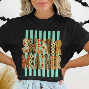 Sweater Weather T-Shirt | Fall Vibes Autumn Graphic Tee | Cute Pumpkin Leopard Print Plaid Women's Shirt | Cozy Season Top Gift