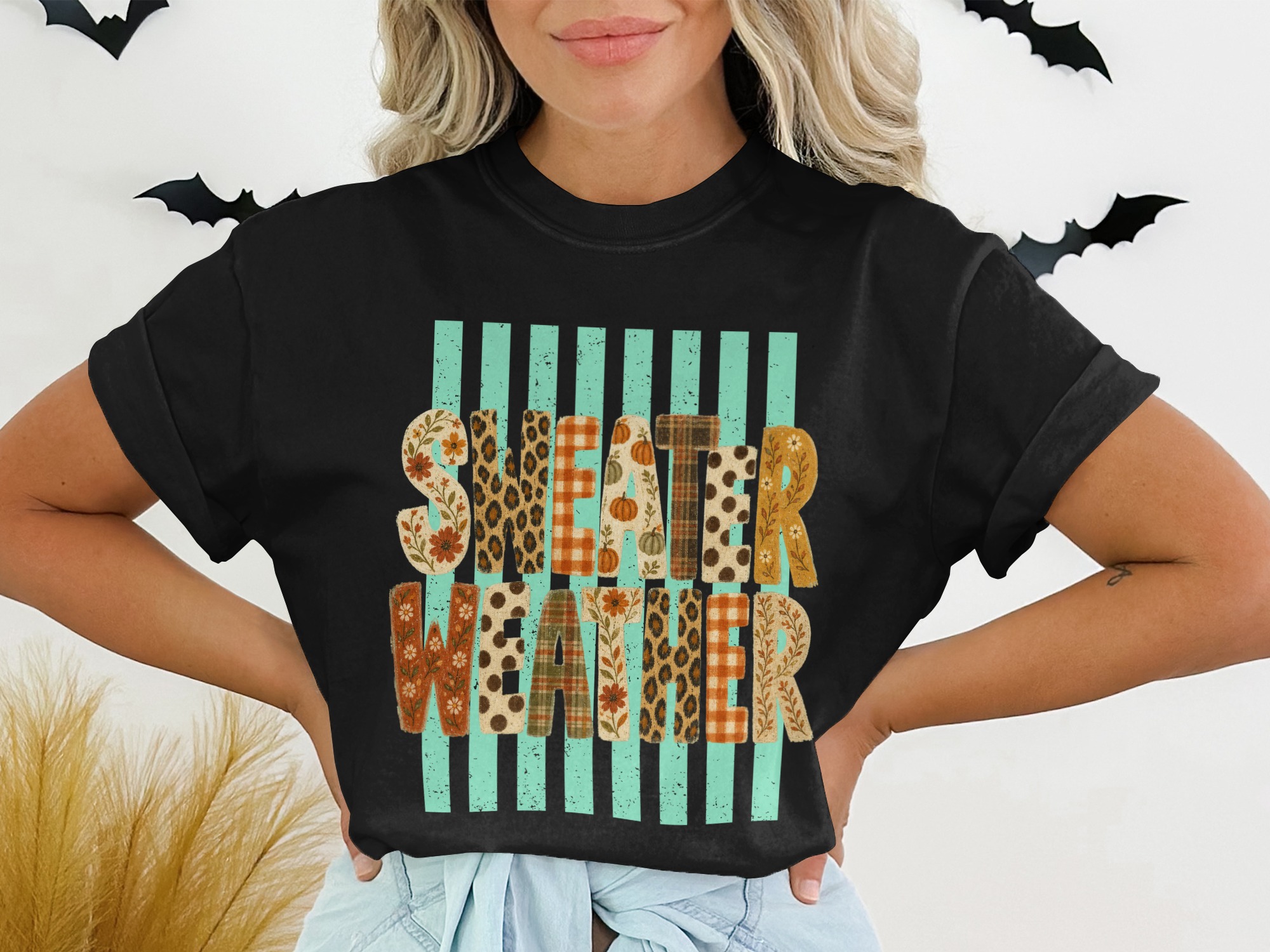 Sweater Weather T-Shirt | Fall Vibes Autumn Graphic Tee | Cute Pumpkin Leopard Print Plaid Women's Shirt | Cozy Season Top Gift