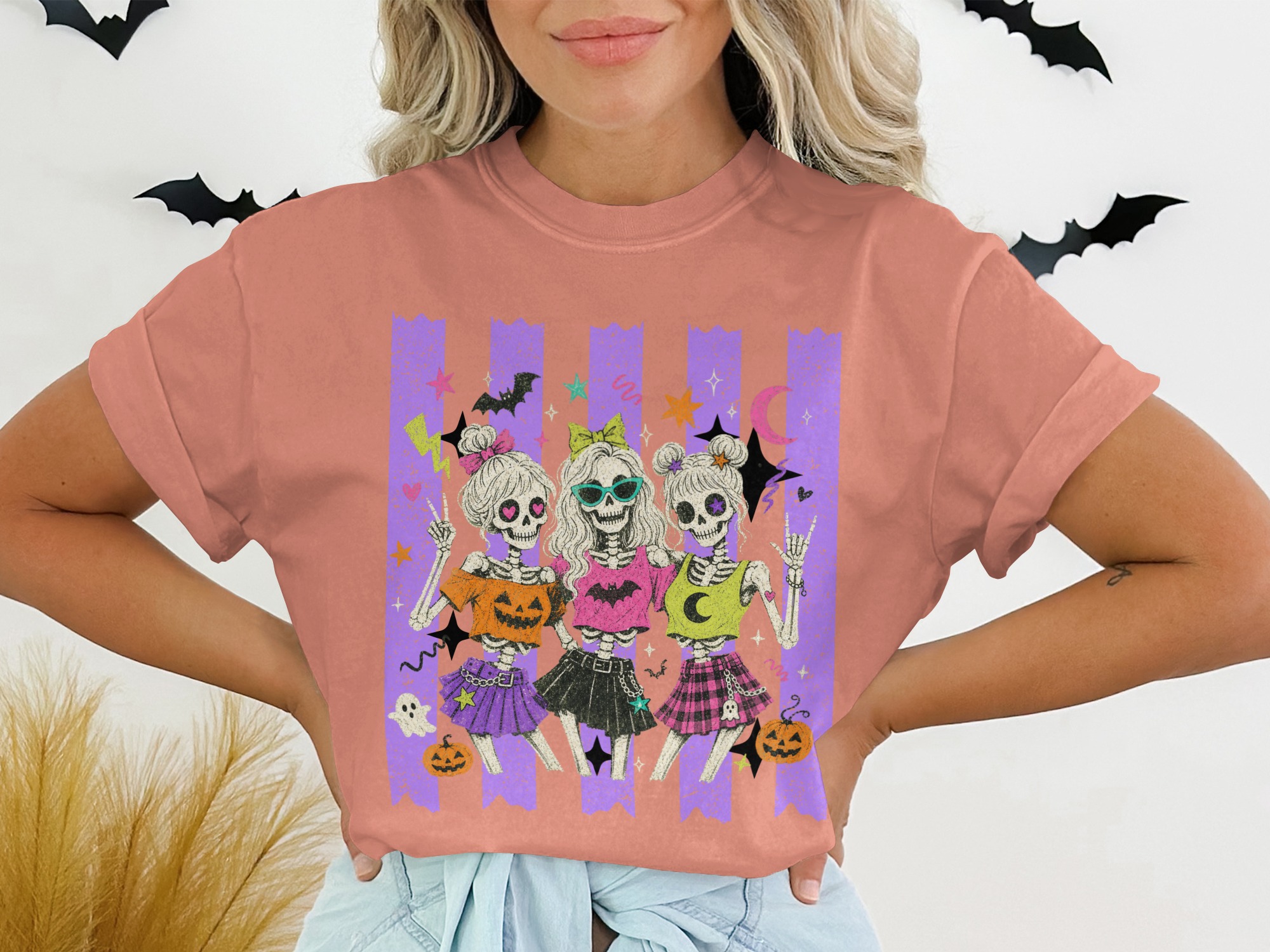Spooky Skeleton Friends Halloween T-Shirt, Pastel Goth Skull Girl Gang Tee, Aesthetic Fall Party Outfit - Image 2