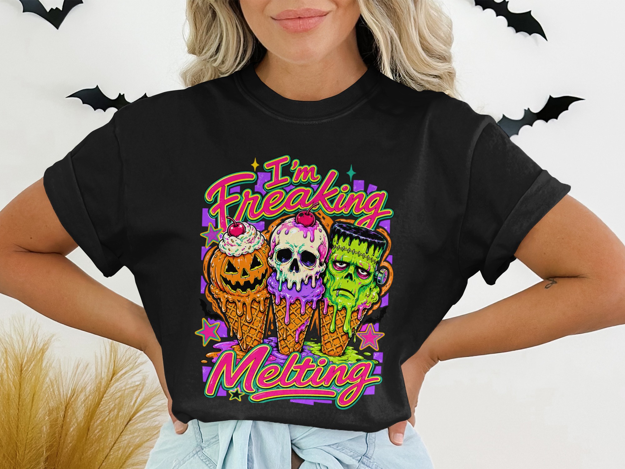 Freaking Melting Monster Ice Cream Shirt, Spooky Halloween Graphic Tee, Cute Gothic Horror Top, October Spooky Season Outfit T-Shirt