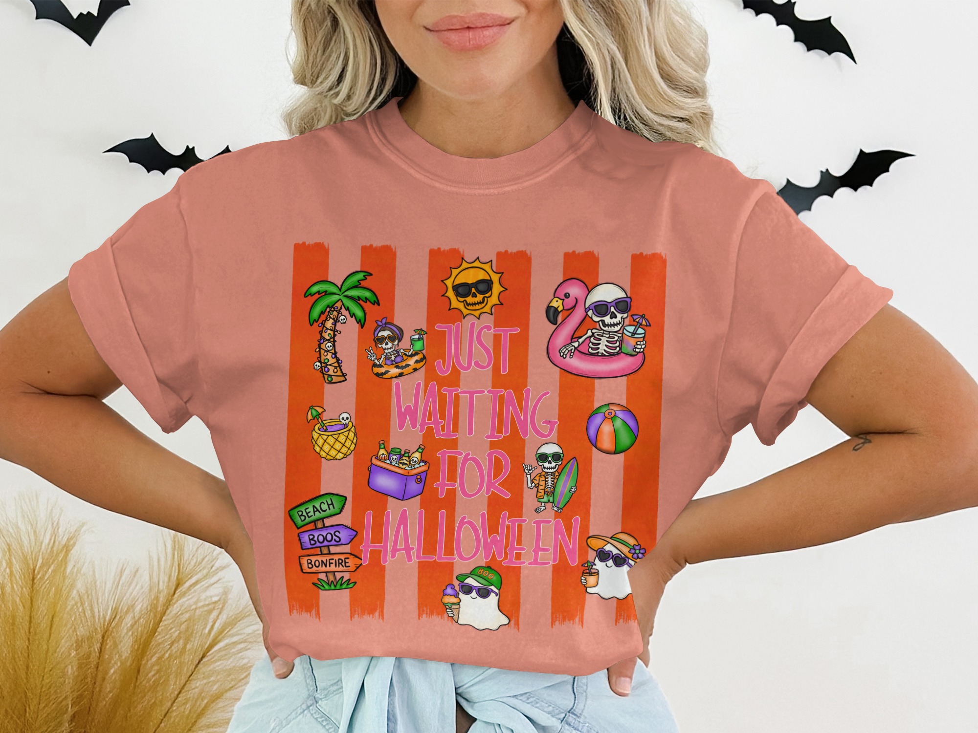 Just Waiting For Halloween Beach Vacation T-Shirt, Spooky Season Summer Vibes Shirt, Cute Skeleton Ghost Tee - Image 2