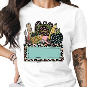 Custom Teacher School Supplies T-Shirt | Personalized Educator Gift, Back to School, Leopard Print Top