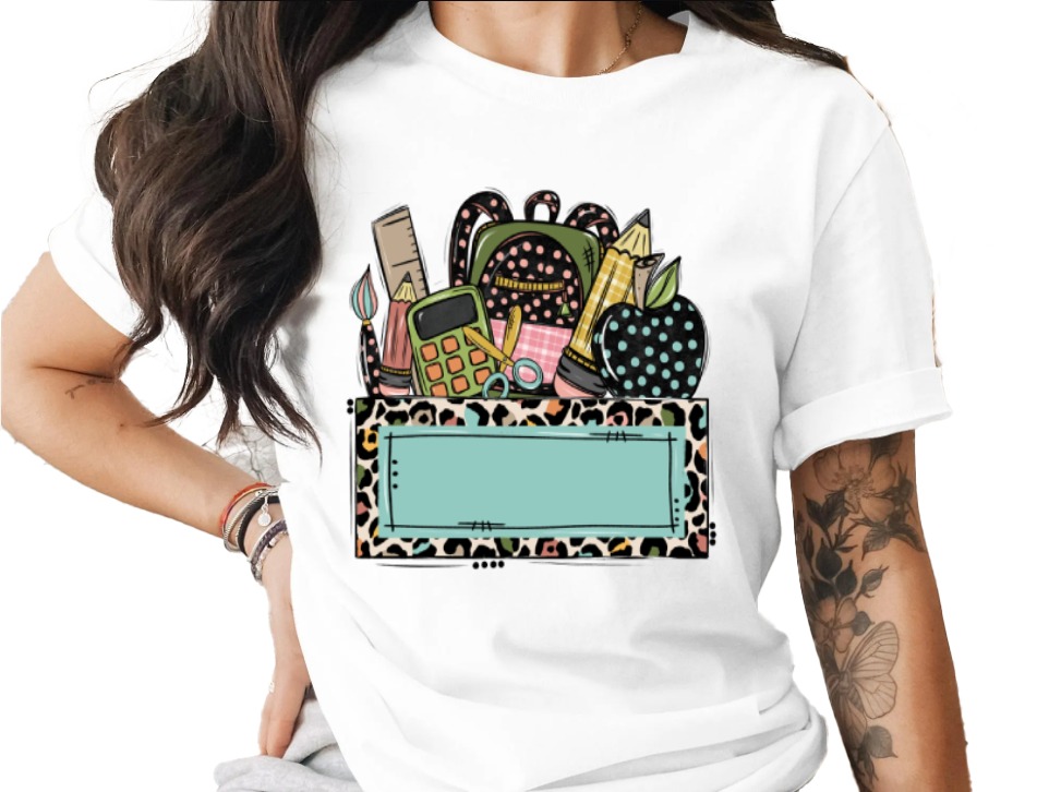 Custom Teacher School Supplies T-Shirt | Personalized Educator Gift, Back to School, Leopard Print Top