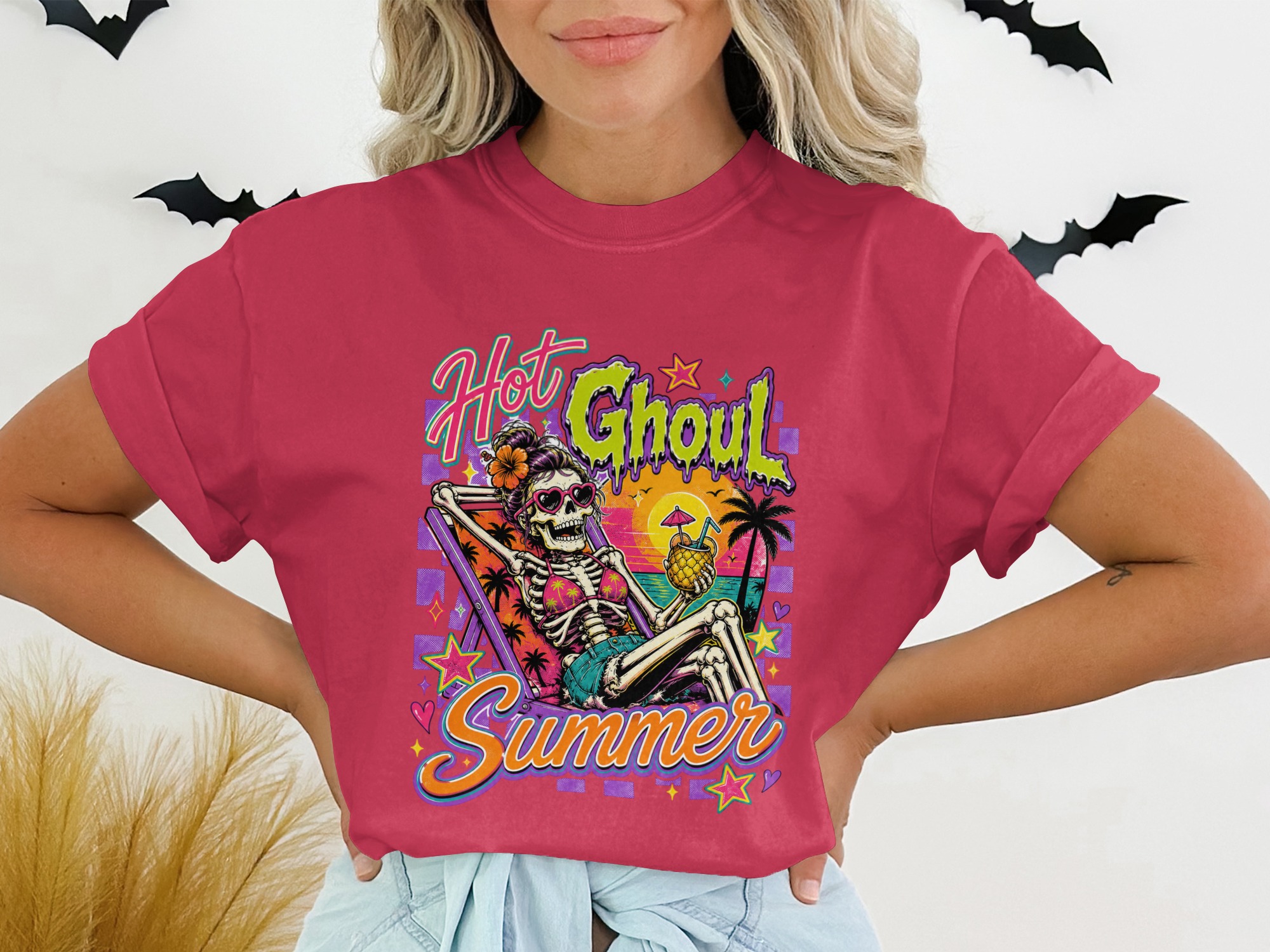 Hot Ghoul Summer Shirt, Skeleton Summer Retro Spooky Graphic Tee, Tropical Goth Funny Skull Vacation T-Shirt - Image 5
