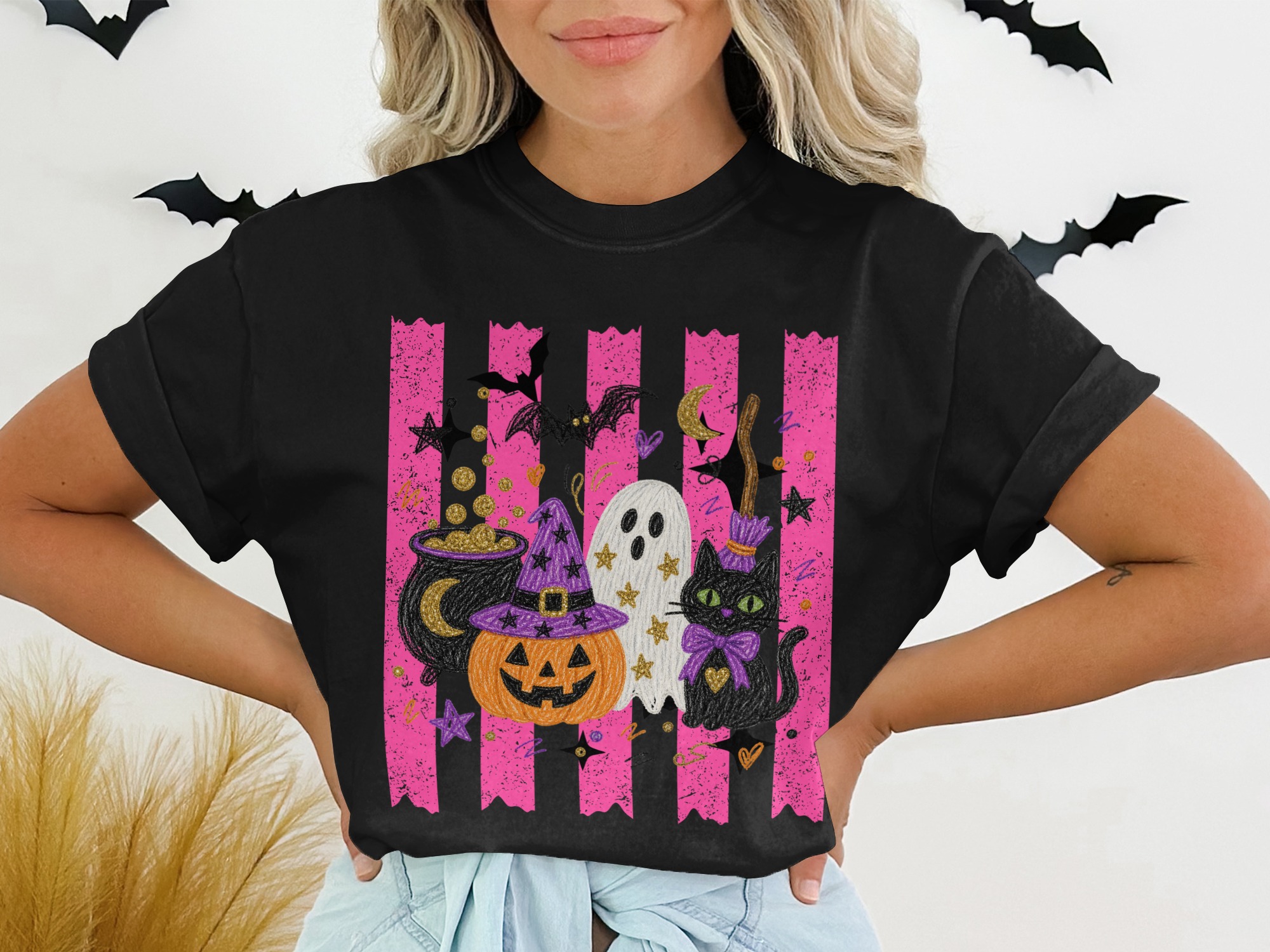 Cute Halloween T-Shirt for Women, Spooky Season Ghoul Gang Shirt, Pink Witchy Pumpkin Ghost Cat Tee, Kawaii Fall Gift Idea - Image 2
