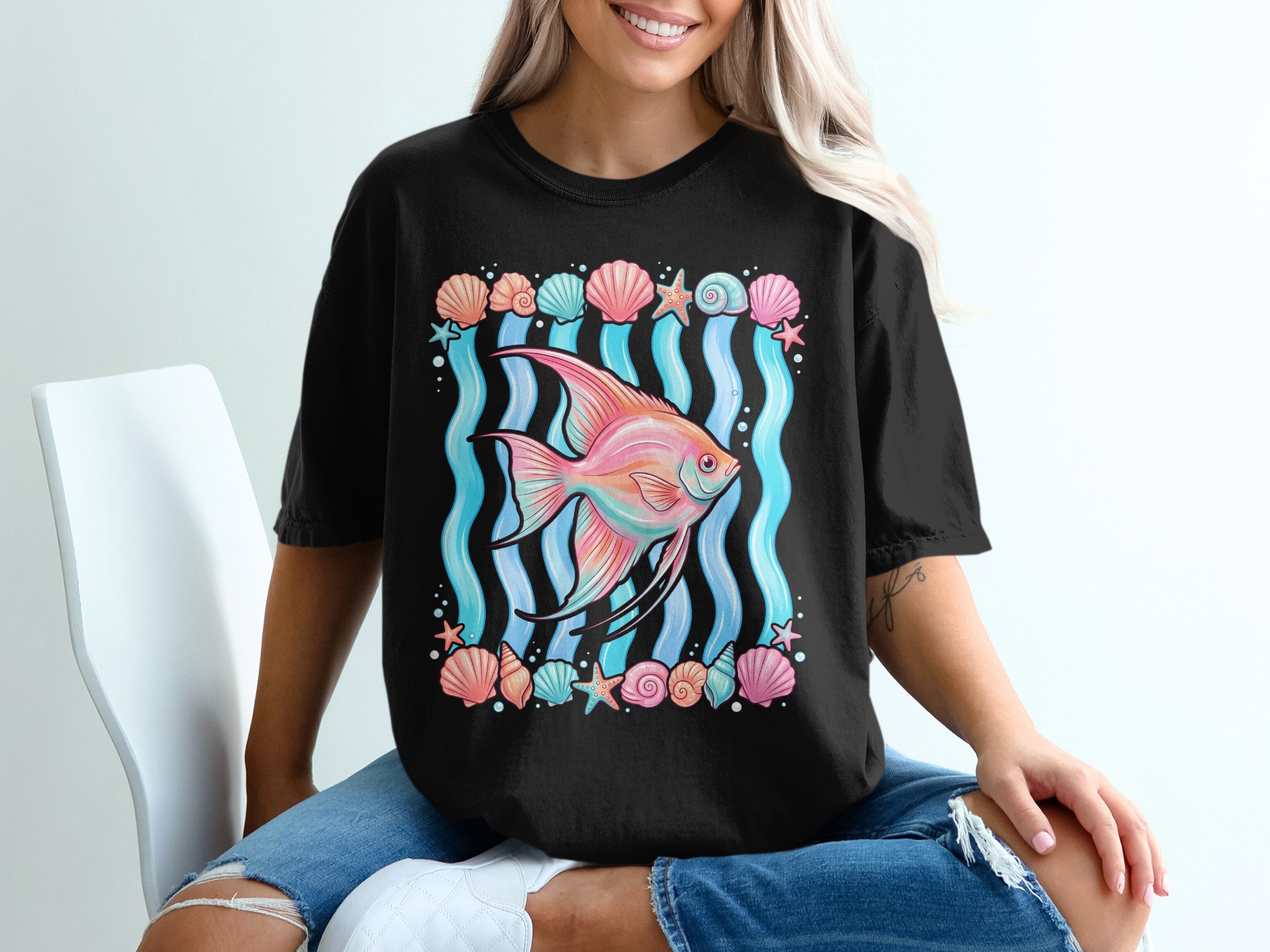 Vibrant Angelfish T-Shirt, Cute Pastel Ocean Life Graphic Tee, Whimsical Marine Animal Shirt, Seashell Starfish Beachy Summer Top - Image 2
