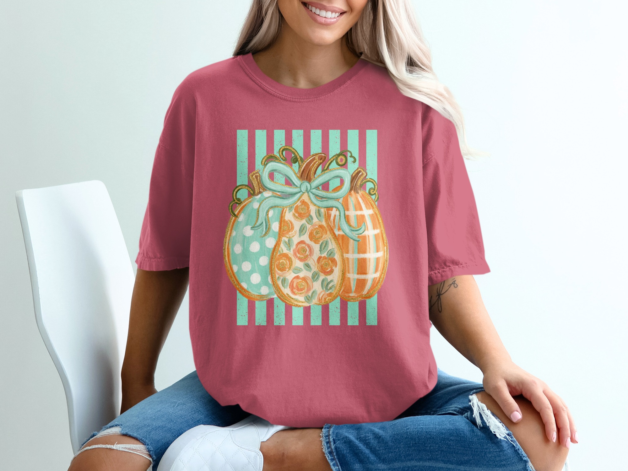 Cute Autumn Pumpkin T-Shirt | Fall Season Floral Polka Dot Plaid Pumpkins Tee | Trendy Harvest Festival Design Top - Image 6