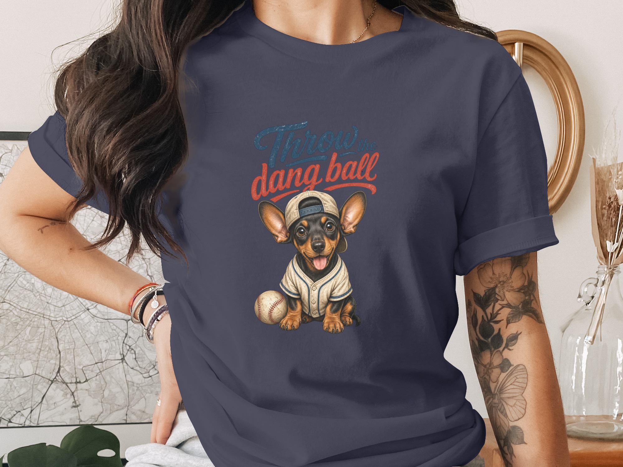 Dachshund Baseball T-Shirt, Funny Dog Lover Gift Tee, Throw the Dang Ball Puppy Graphic Top, Pet Owner Sports Fan Apparel - Image 2