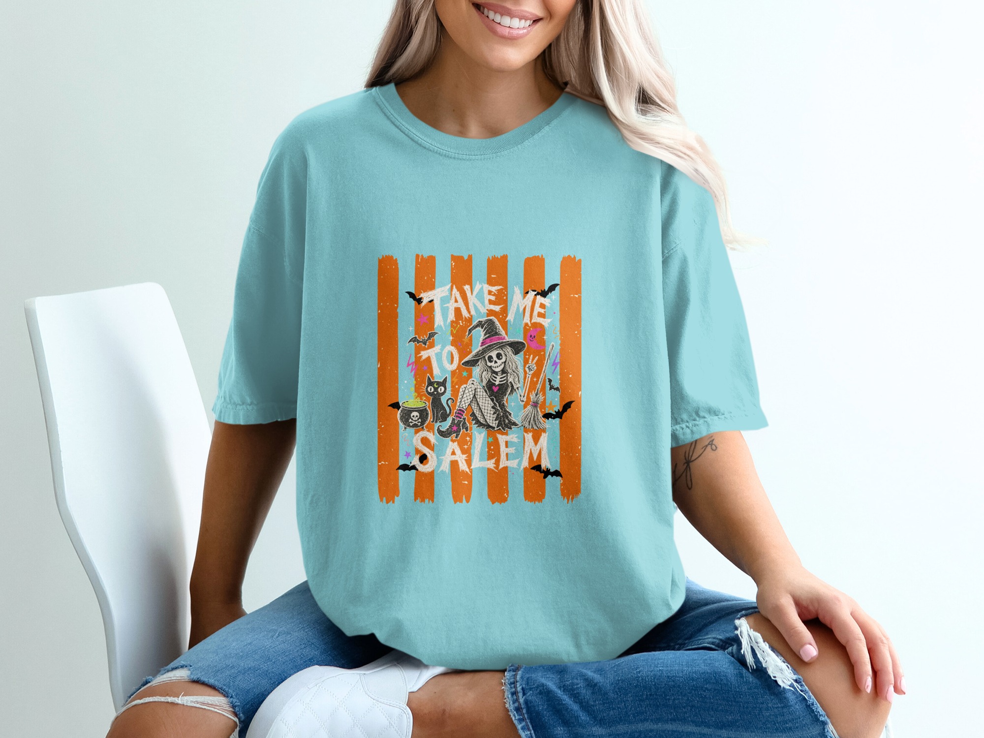 Take Me To Salem Skeleton Witch T-Shirt, Spooky Halloween Cat Tee, Distressed Orange Striped Witchy Vibes Top, October Fall Gift for Her - Image 7