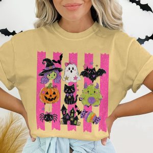Cute Halloween T-Shirt, Spooky Season Witch Ghost Bat Pumpkin Cat Monster Spider Haunted House Candy Pink Stripes Graphic Tee
