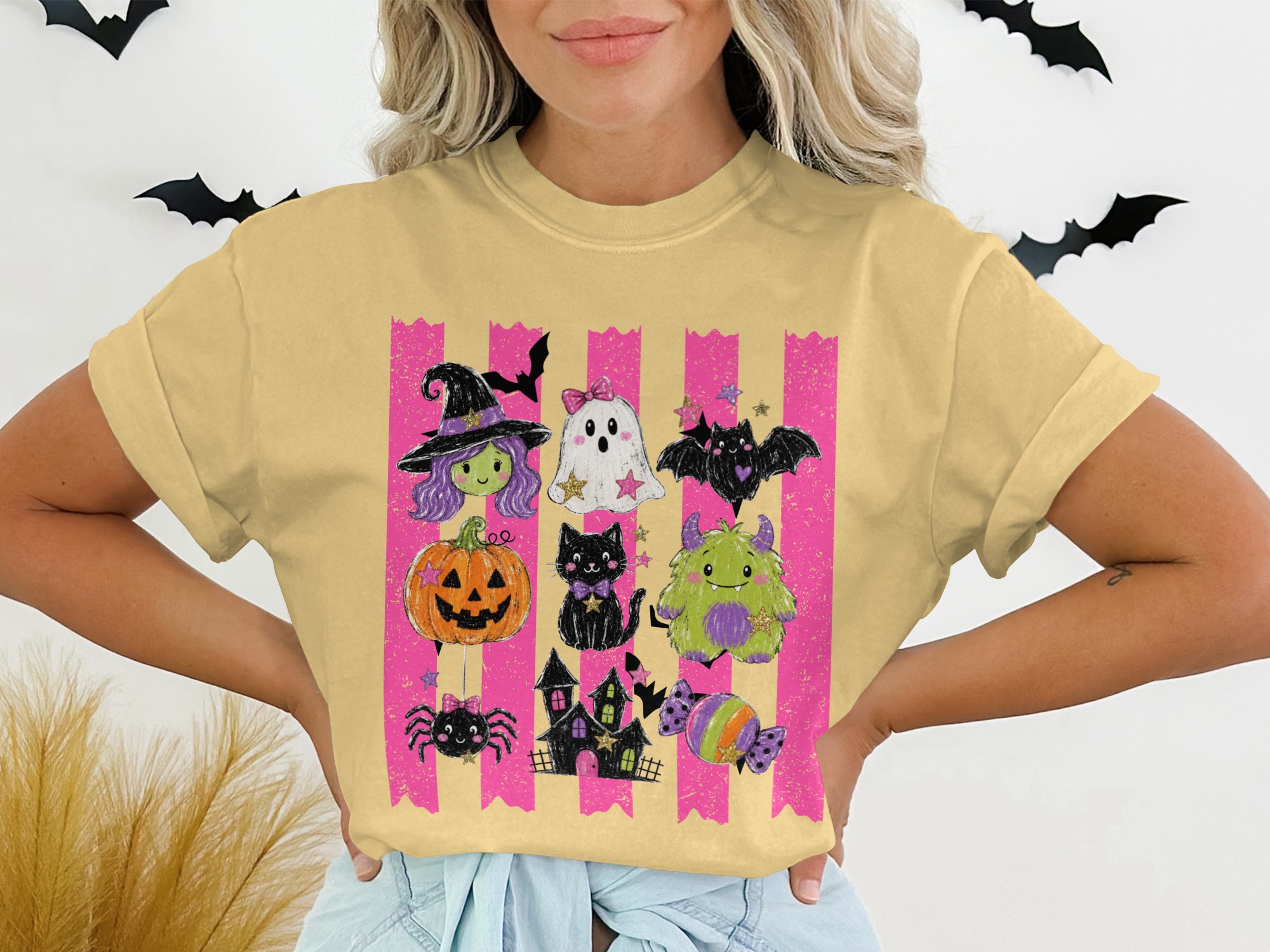 Cute Halloween T-Shirt, Spooky Season Witch Ghost Bat Pumpkin Cat Monster Spider Haunted House Candy Pink Stripes Graphic Tee