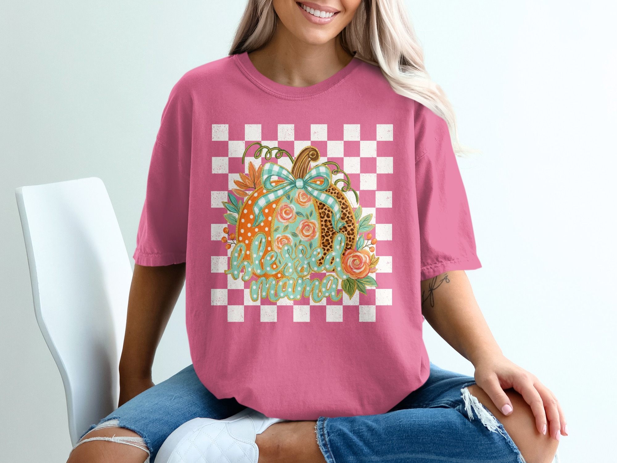 Blessed Mama Pumpkin T-Shirt, Cute Fall Leopard Print Pumpkin Shirt for New Mom & Motherhood Gift