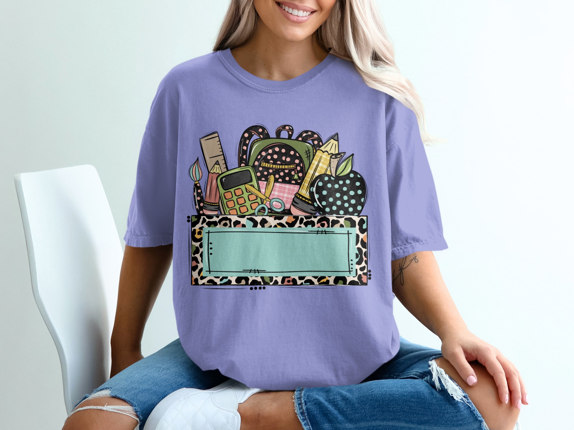 Custom Teacher School Supplies T-Shirt | Personalized Educator Gift, Back to School, Leopard Print Top - Image 18