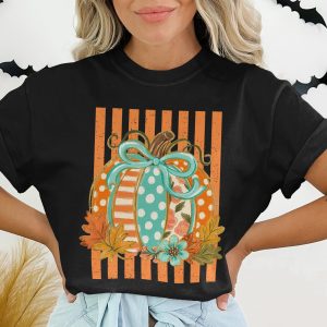 Whimsical Pumpkin T-Shirt, Cute Fall Graphic Tee, Boho Polka Dot Floral Autumn Shirt, Thanksgiving Harvest Top, Cozy Festive Apparel Gift