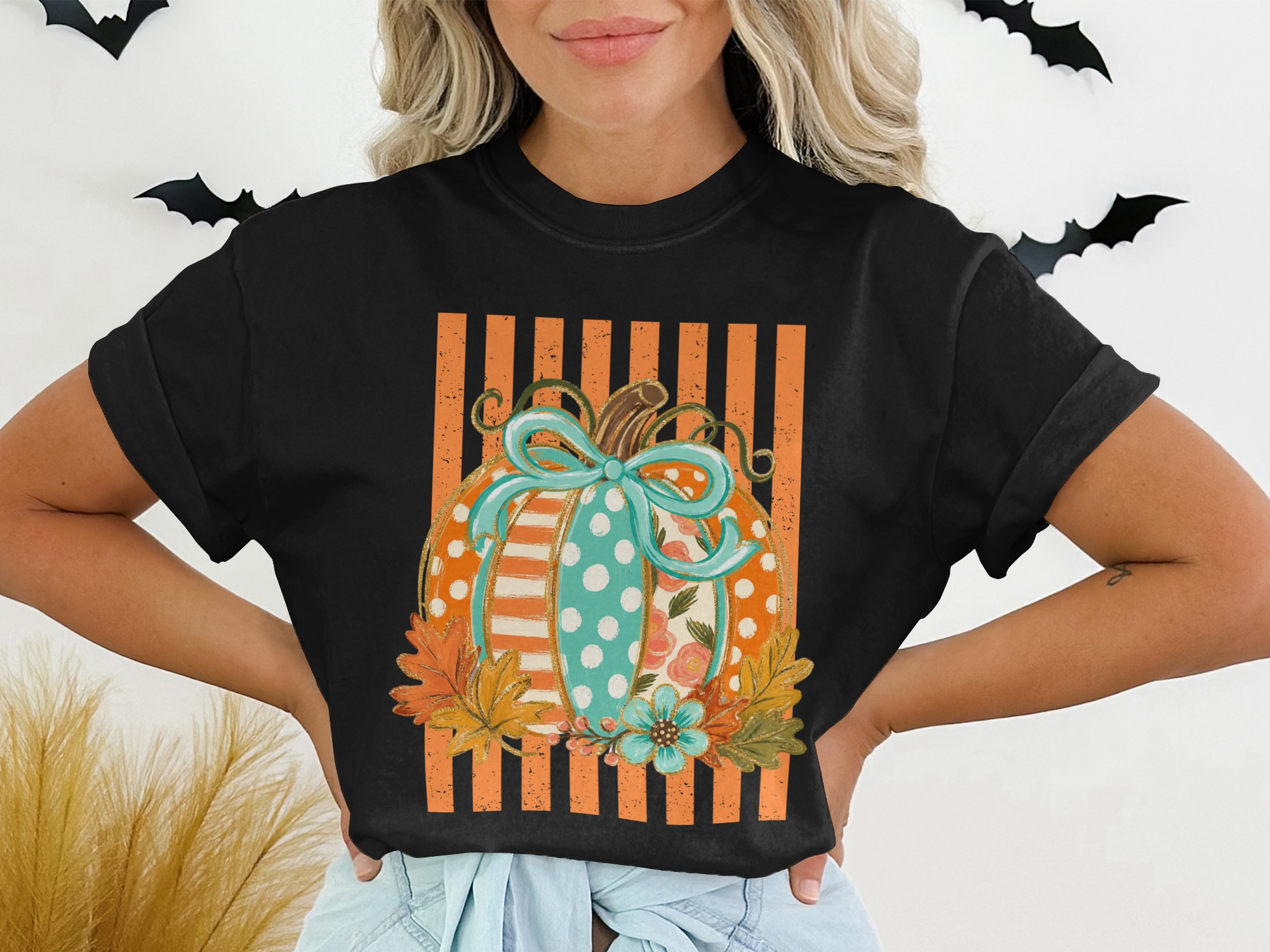 Whimsical Pumpkin T-Shirt, Cute Fall Graphic Tee, Boho Polka Dot Floral Autumn Shirt, Thanksgiving Harvest Top, Cozy Festive Apparel Gift