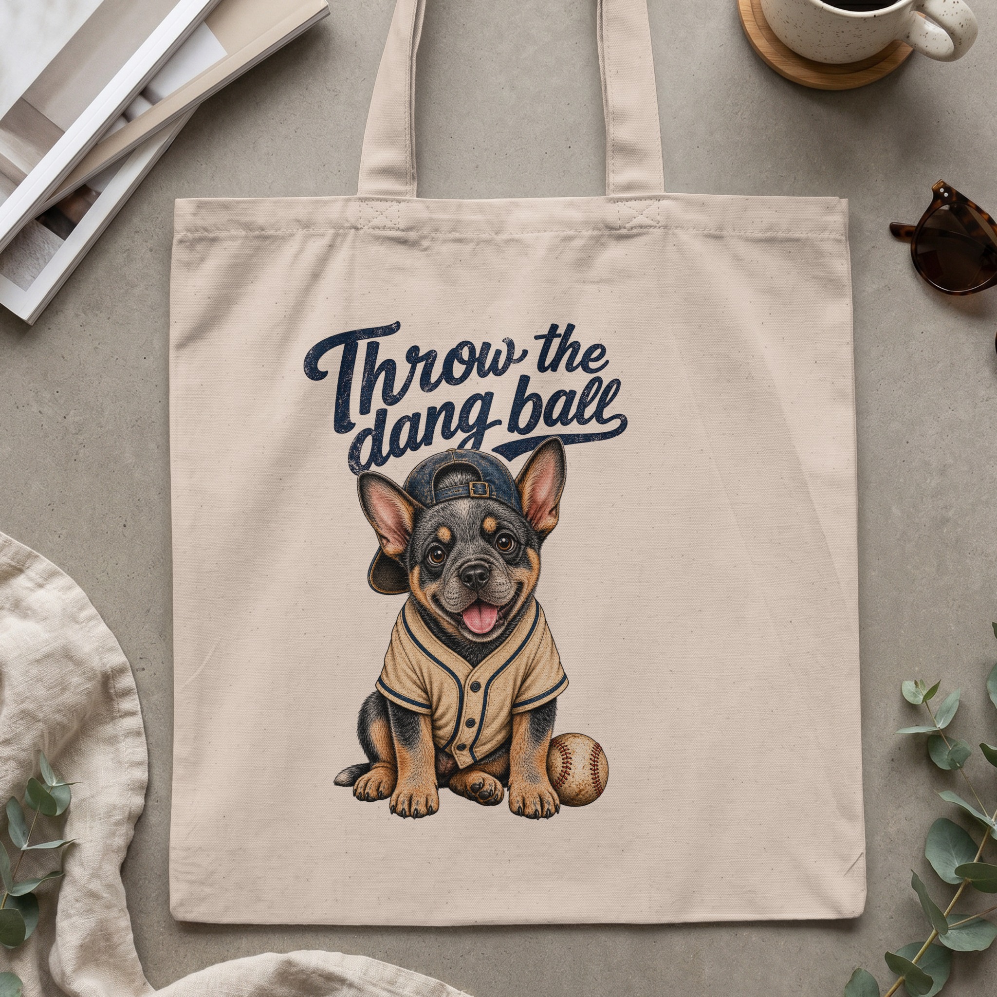 'Throw the dang ball' Baseball Puppy Tote Bag, Funny Dog Lover French Bulldog Owner Gift for Pet Moms Dads - Image 2