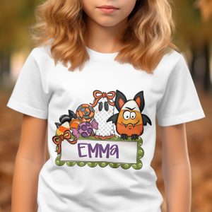 Personalized Halloween T-Shirt, Cute Spooky Ghost & Candy Corn Bat Fall Kids Name Shirt, Custom Trick or Treat Birthday Gift Idea