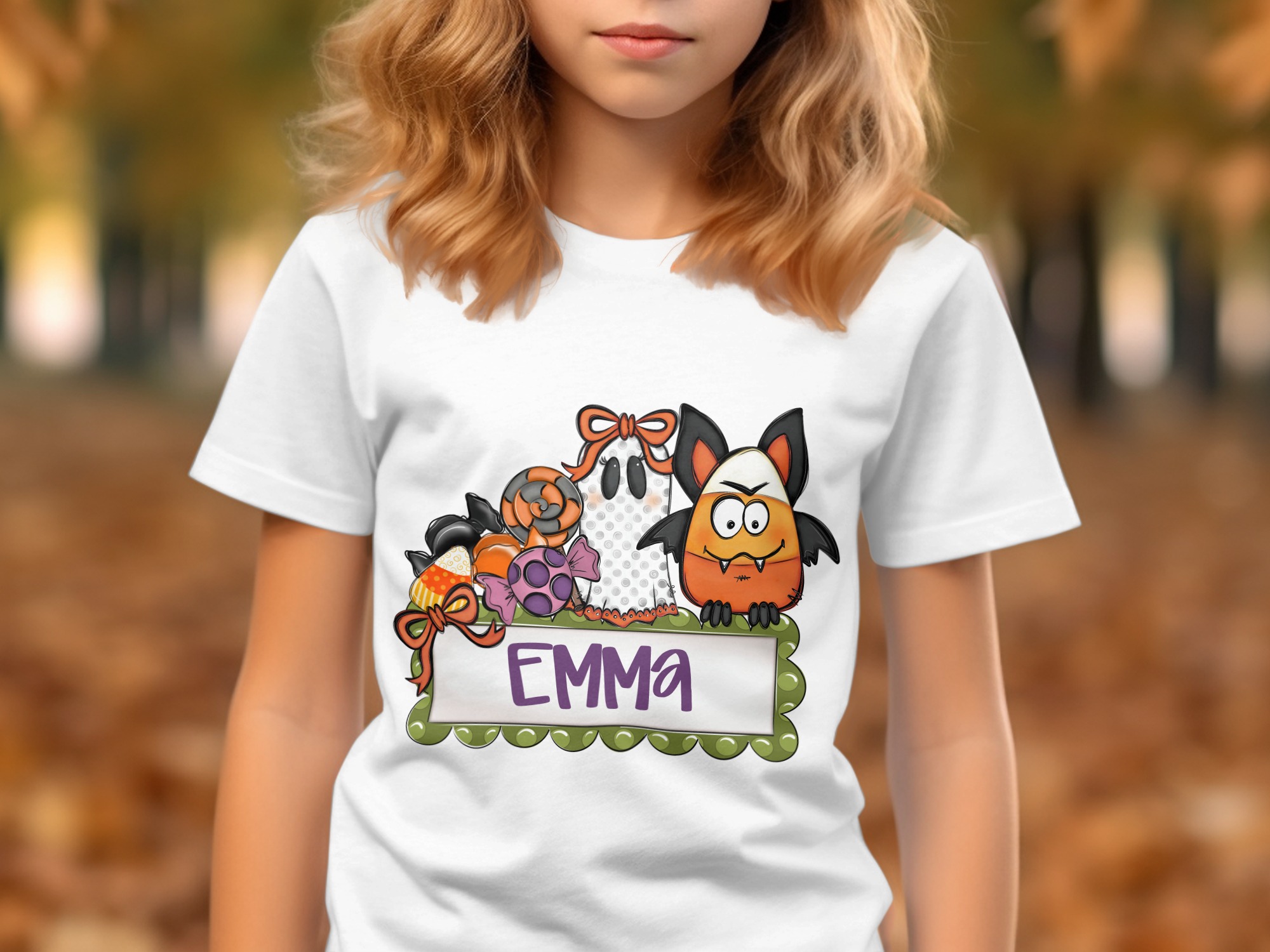 Personalized Halloween T-Shirt, Cute Spooky Ghost & Candy Corn Bat Fall Kids Name Shirt, Custom Trick or Treat Birthday Gift Idea
