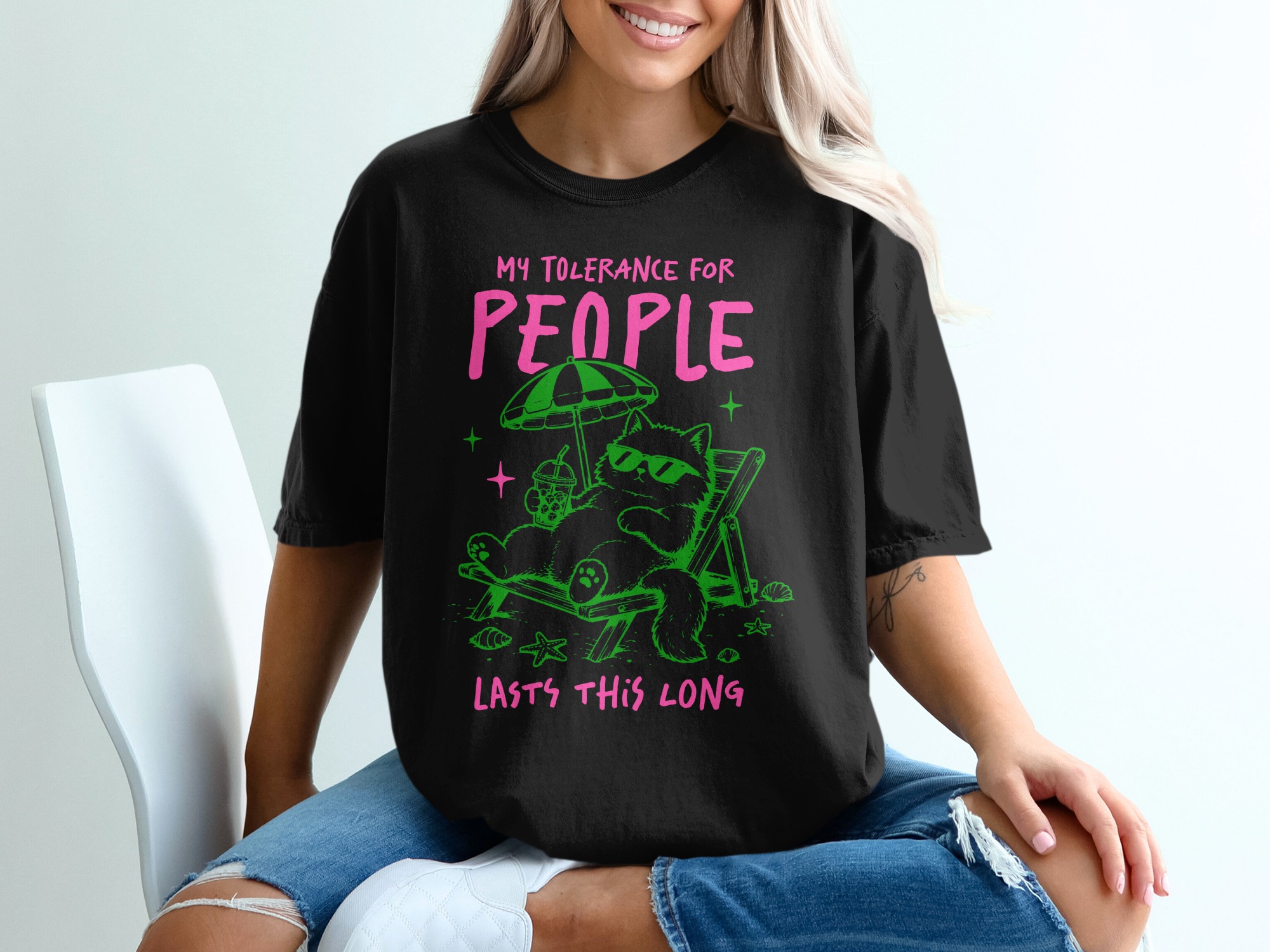 Funny Cat Lover T-Shirt, My Tolerance For People Lasts This Long Shirt, Sarcastic Introvert Cat Tee, Beach Cat Shirt Gift - Image 2