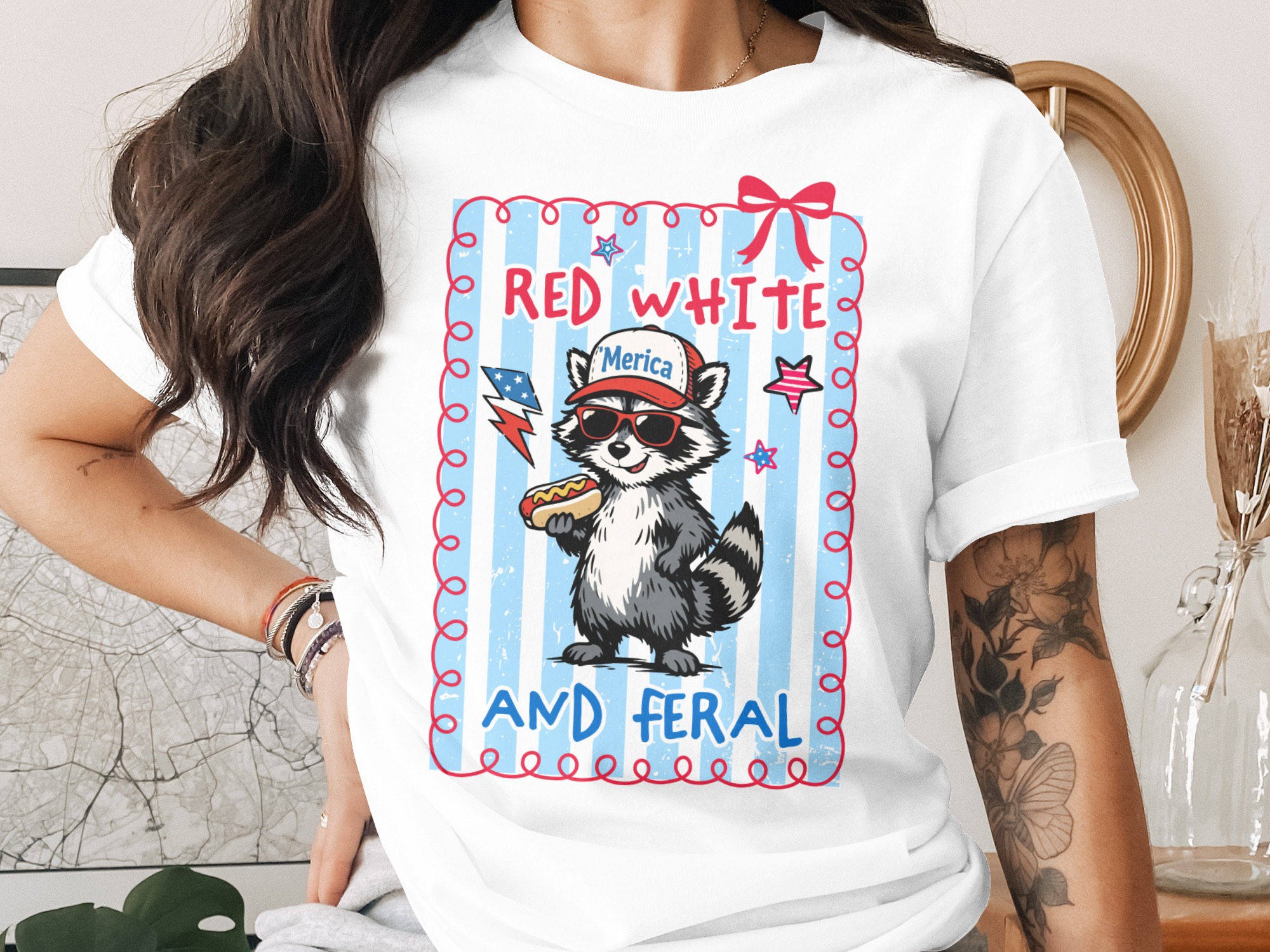 Red White And Feral Raccoon T-Shirt, Comfort Colors ® Merica Hot Dog Tee, Patriotic 4th of July Shirt, Funny Independence Day Gift, Summer
