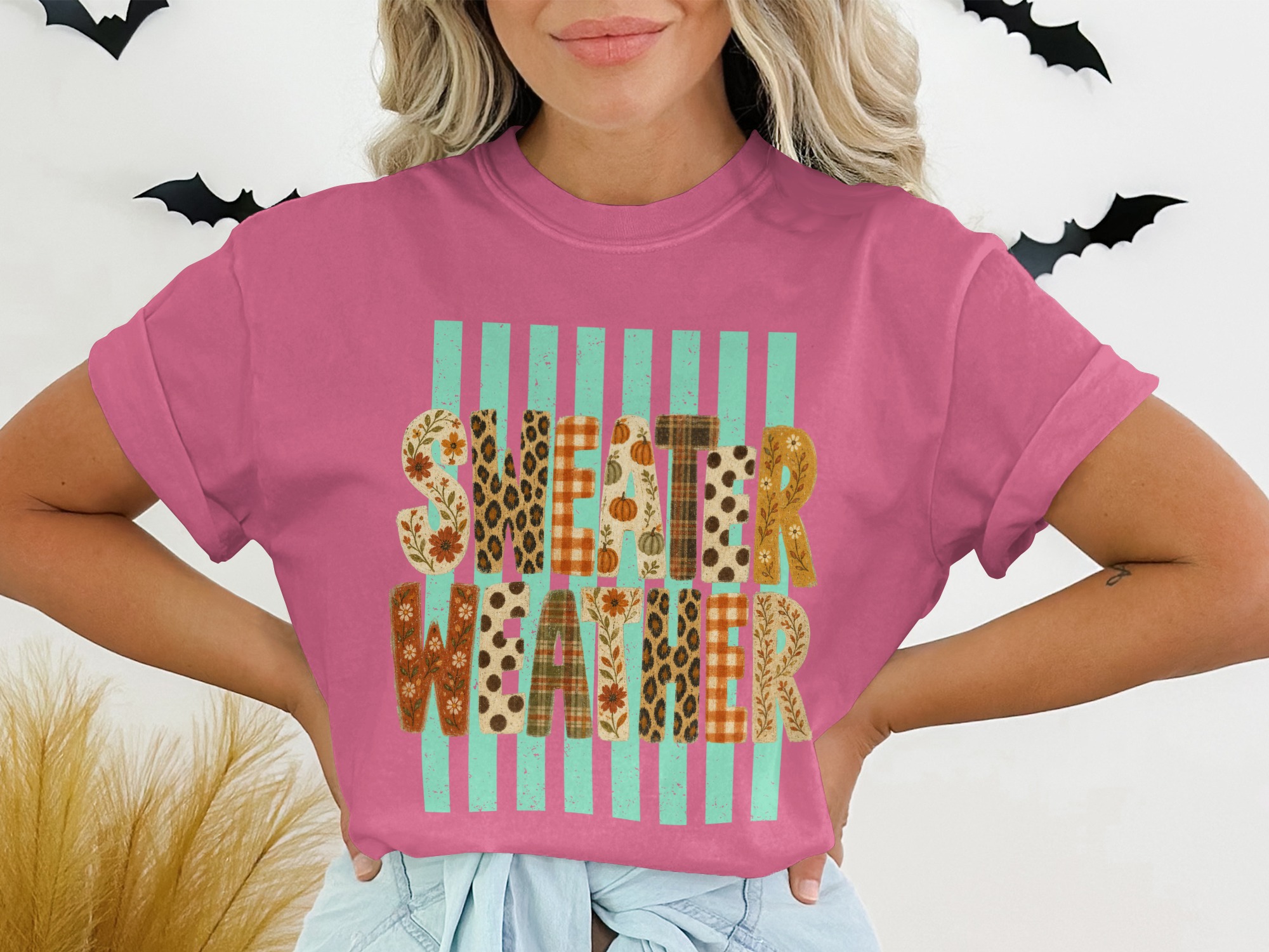 Sweater Weather T-Shirt | Fall Vibes Autumn Graphic Tee | Cute Pumpkin Leopard Print Plaid Women's Shirt | Cozy Season Top Gift - Image 12
