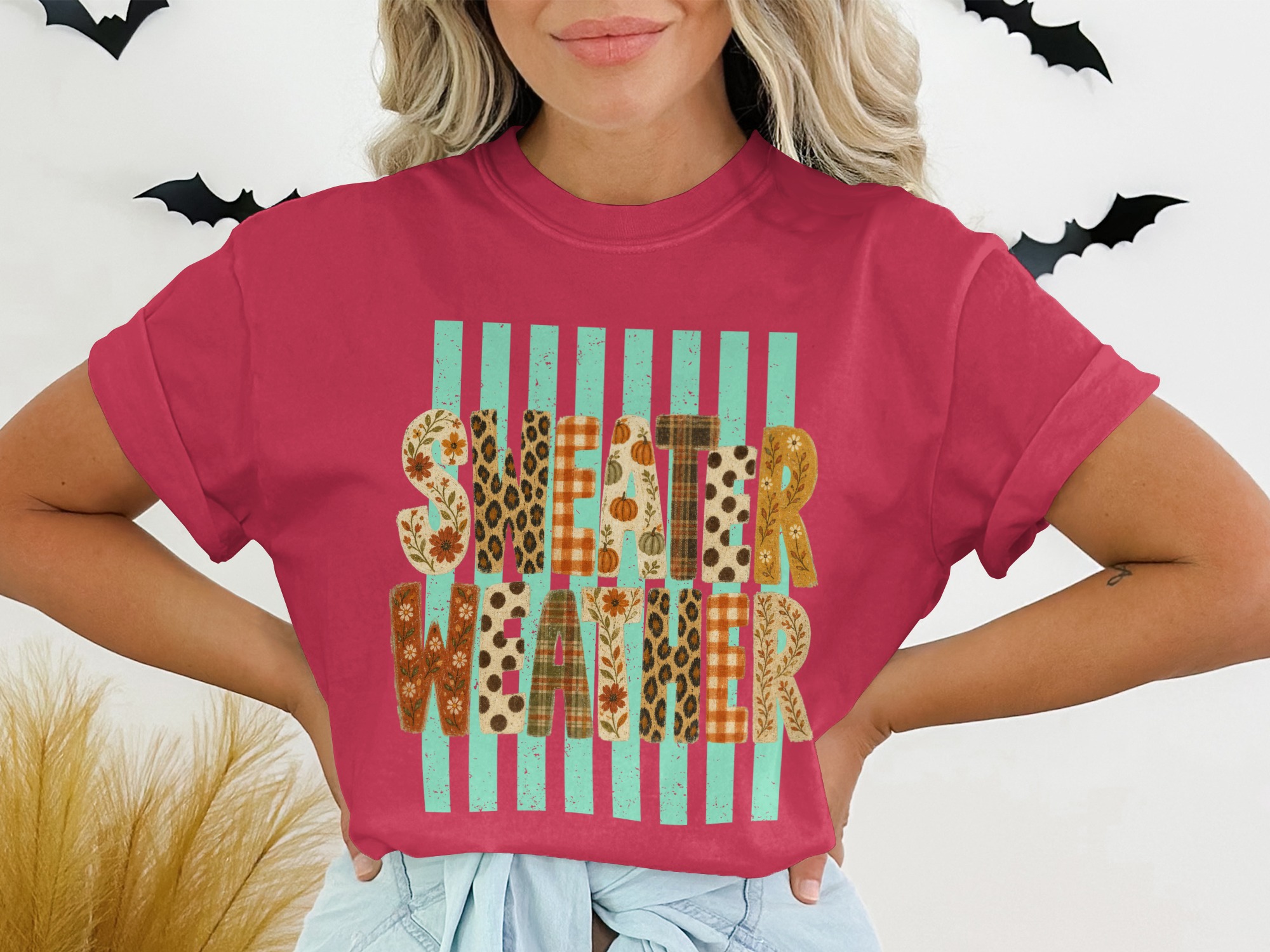 Sweater Weather T-Shirt | Fall Vibes Autumn Graphic Tee | Cute Pumpkin Leopard Print Plaid Women's Shirt | Cozy Season Top Gift - Image 11