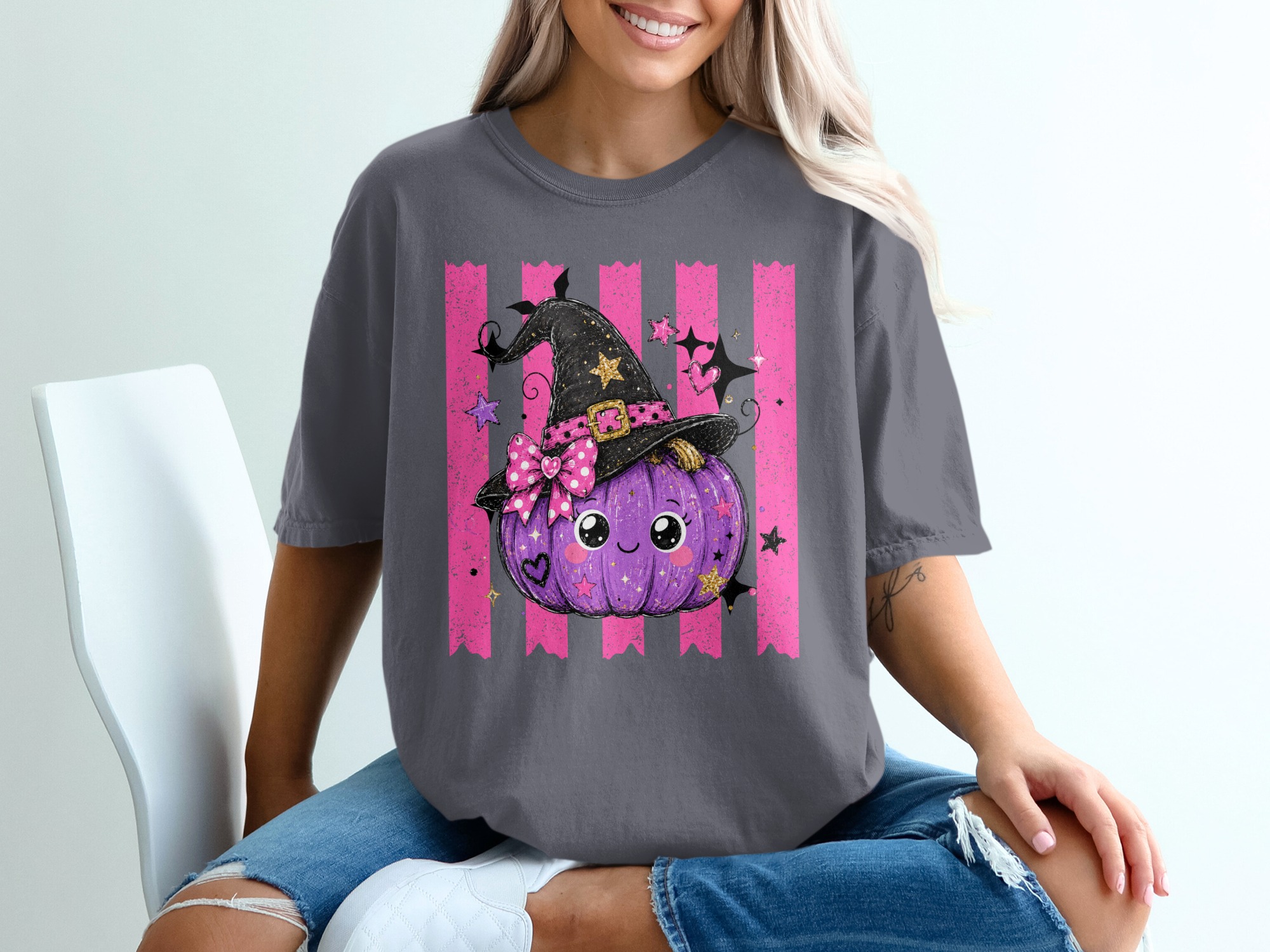 Cute Witch Pumpkin T-Shirt | Adorable Halloween Shirt for Women & Girls | Spooky Season Tee Gift Idea - Image 5