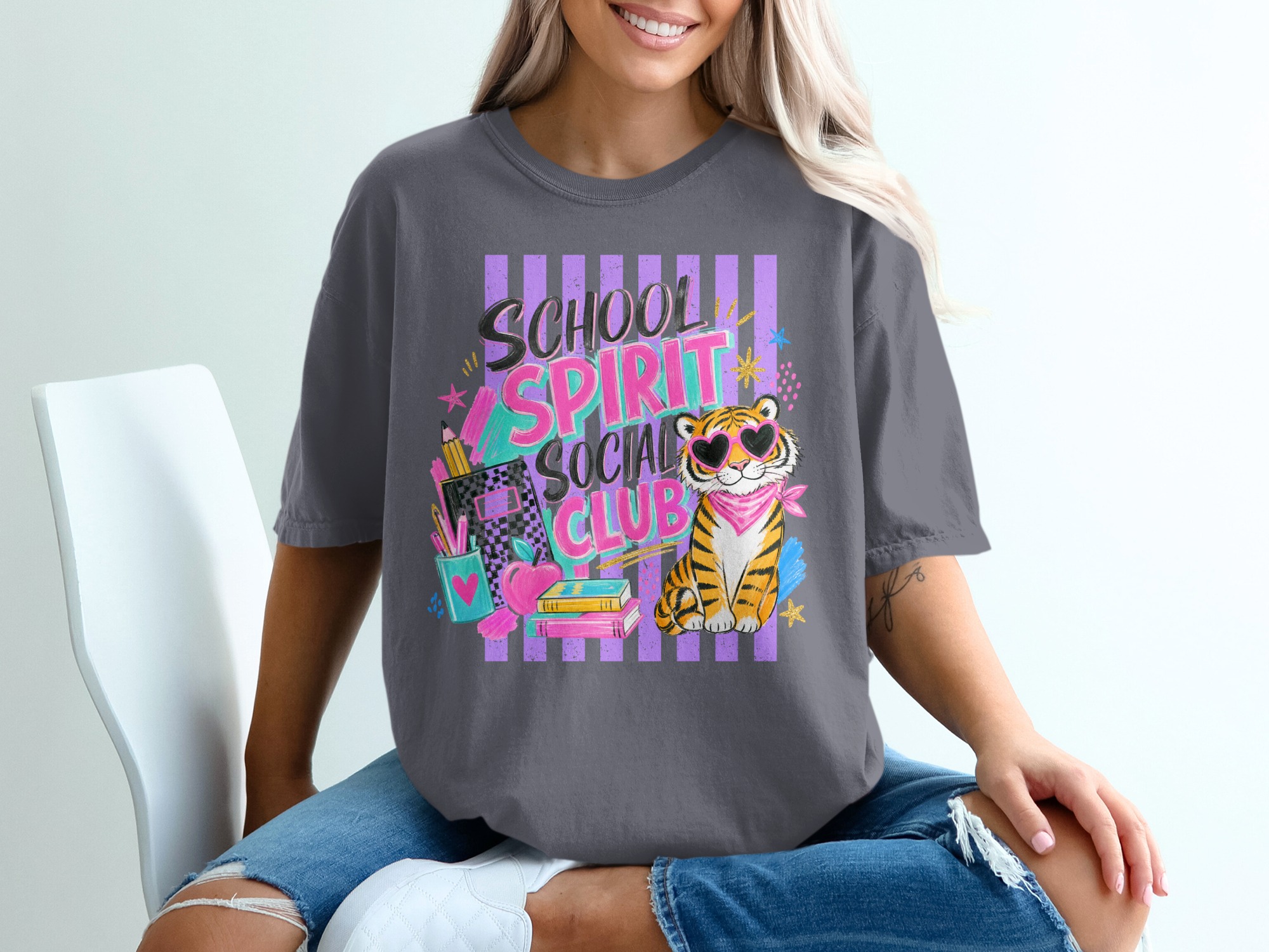 School Spirit Social Club T-Shirt, Retro Tiger Sunglasses Tee, 90s Style Back To School Shirt, Teacher Student Gift - Image 2
